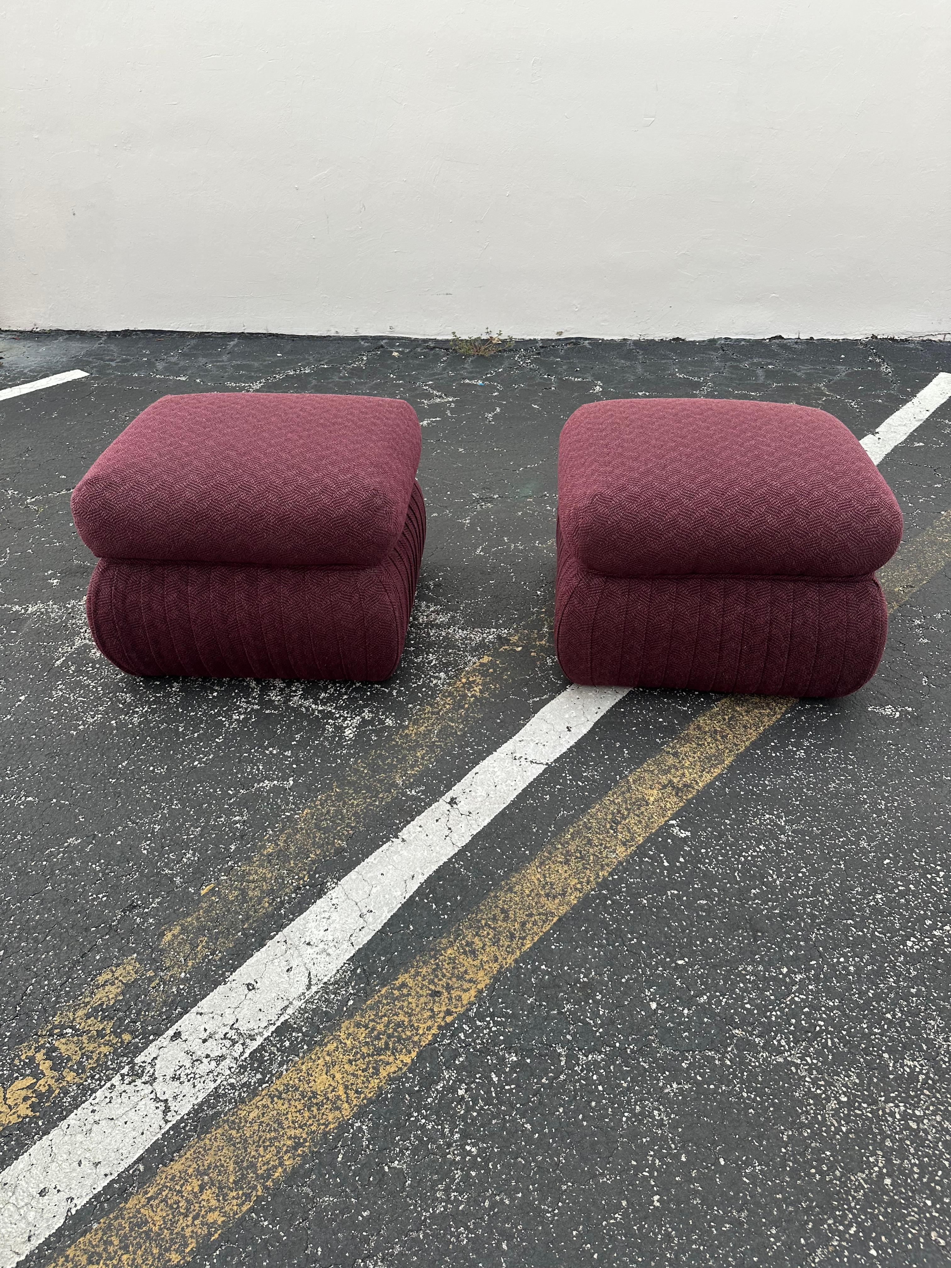 Transport yourself back to the sleek and sophisticated 1980s with this exquisite purple chenille ottoman set. Outstanding design is exhibited throughout. The luxurious pleased set is statement piece and packed with personality. The foam seats lend