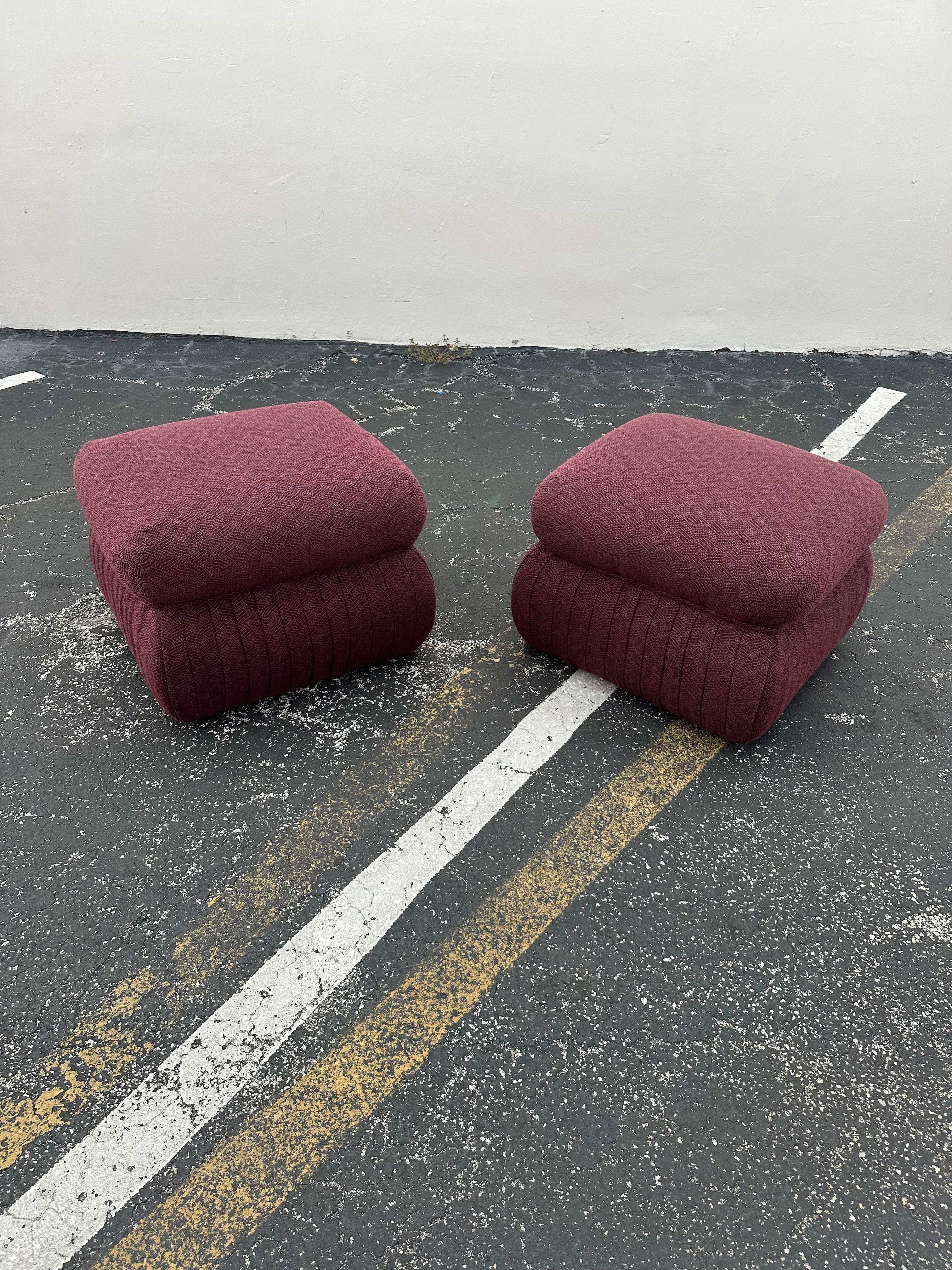 American 1980s Thayer Coggin Post Modern Violet Pleated Ottomans, Set of 2 For Sale