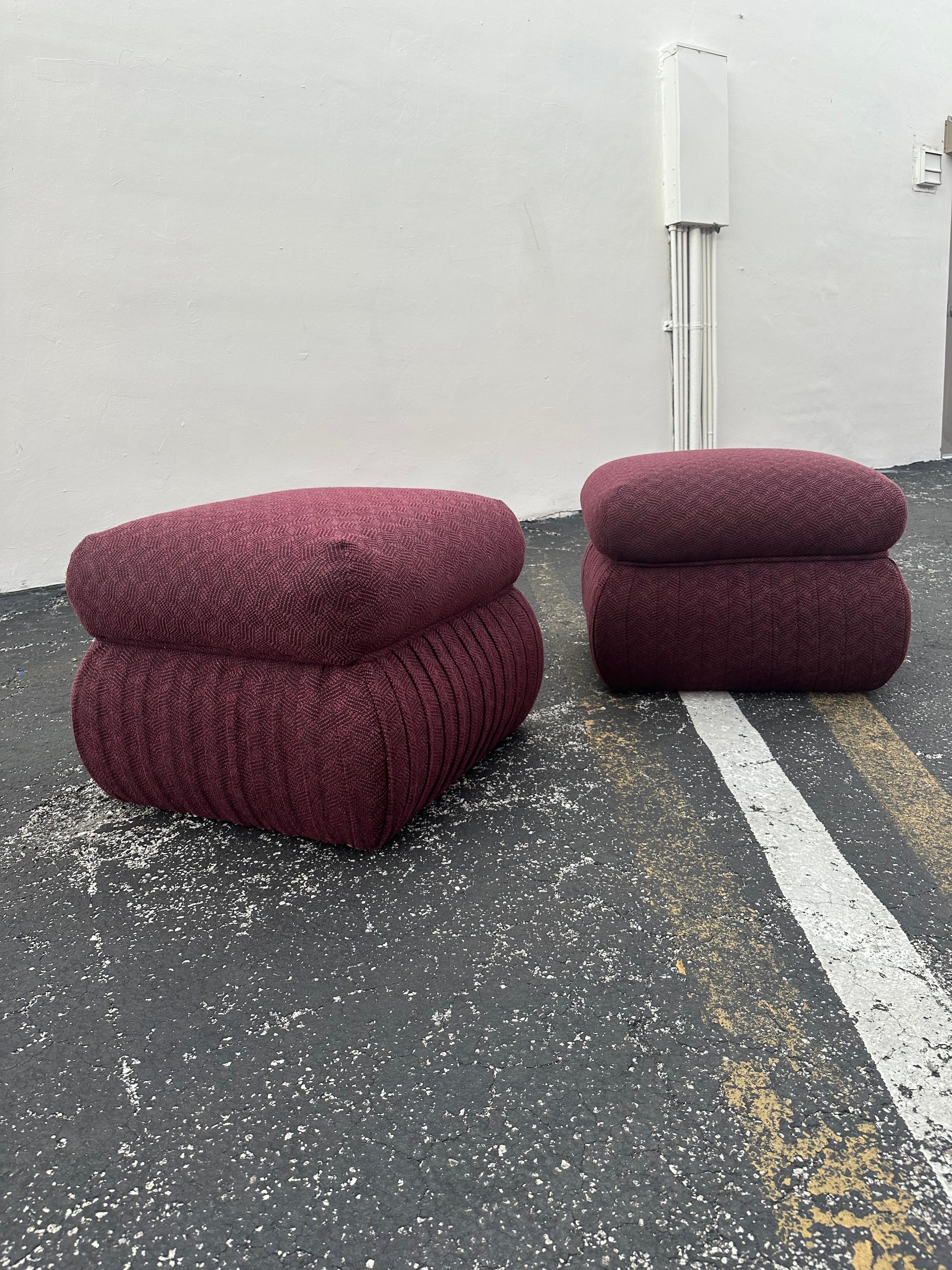 Late 20th Century 1980s Thayer Coggin Post Modern Violet Pleated Ottomans, Set of 2 For Sale