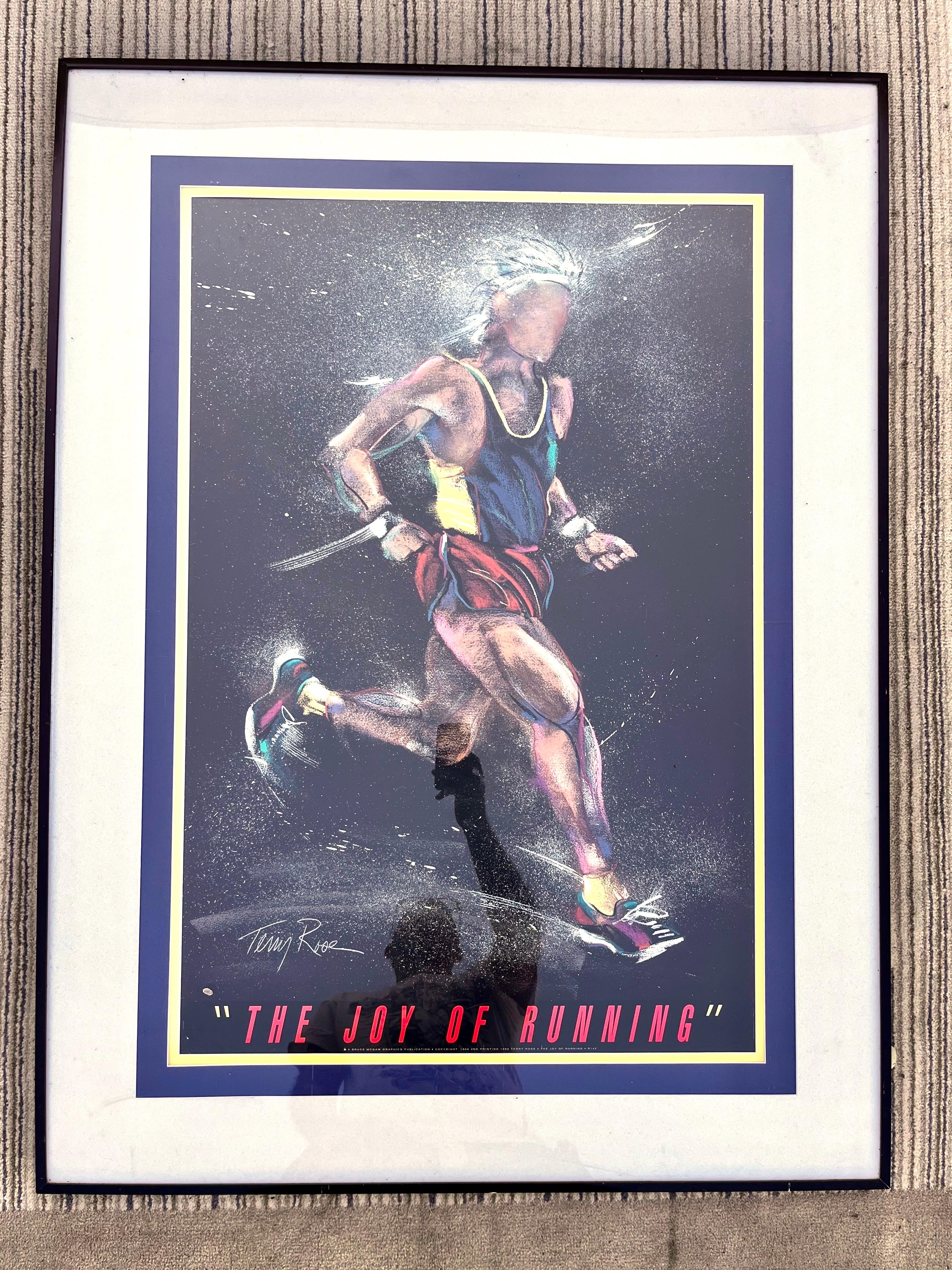 Large vintage The Joy of Running Framed Original Poster by Terry Rose .
Framed Dated 1988
Publisher: McGaw Graphics:
Features a runner depicted in a quintessential PostModern 1980s Style and colors. 
In excellent original condition with very
