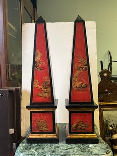 1980s Theodore Alexander Chinoiserie Red & Gilt Obelisks, Pair