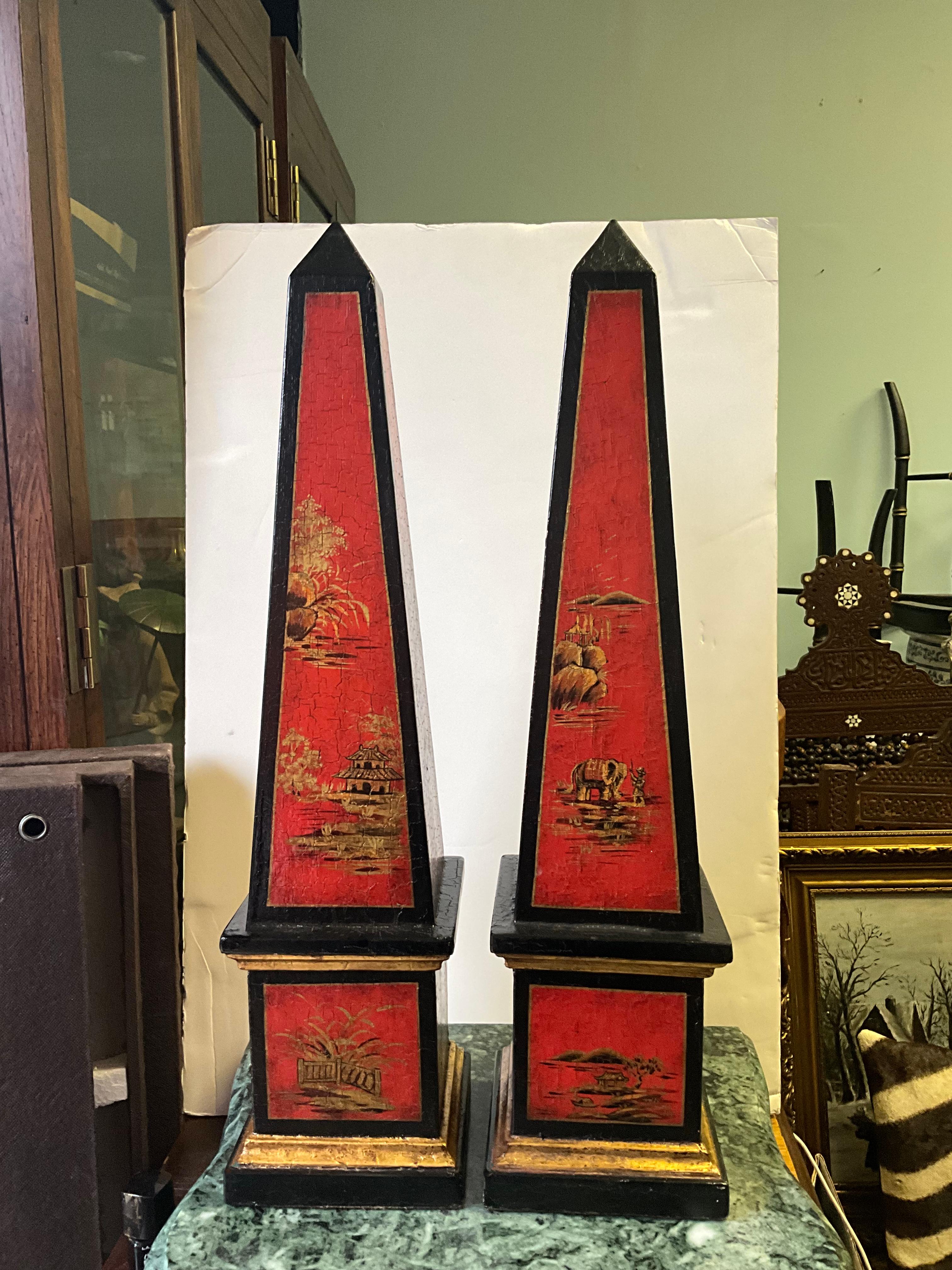 1980s Theodore Alexander Chinoiserie Red & Gilt Obelisks, Pair In Good Condition In Kennesaw, GA