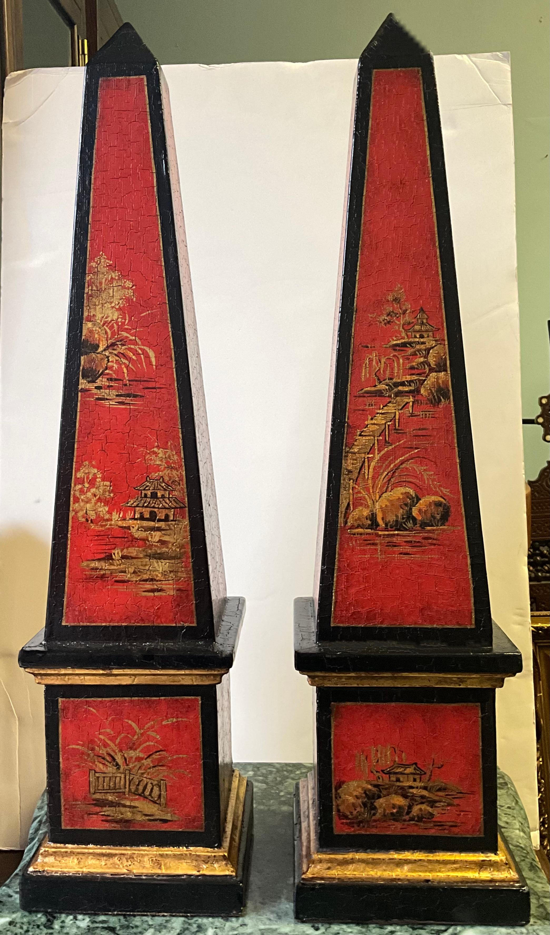 1980s Theodore Alexander Chinoiserie Red & Gilt Obelisks, Pair 1