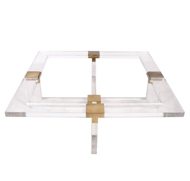 1980's Thick Acrylic and Brass Square Coffee Table from NYC Artist