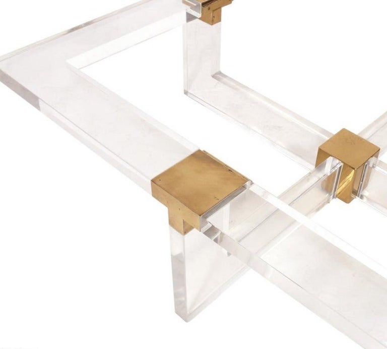 1980's Thick Acrylic and Brass Square Coffee Table from NYC Artist