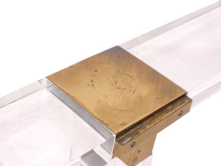 1980's Thick Acrylic and Brass Square Coffee Table from NYC Artist