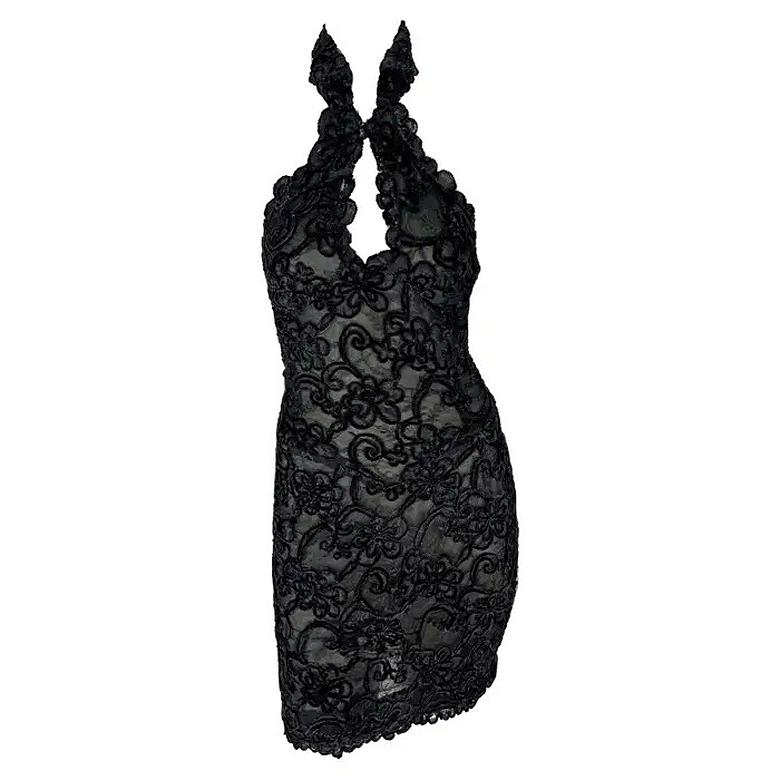 Thierry Mugler - Robe courte à col bénitier en dentelle noire semi-transparente, années 1980