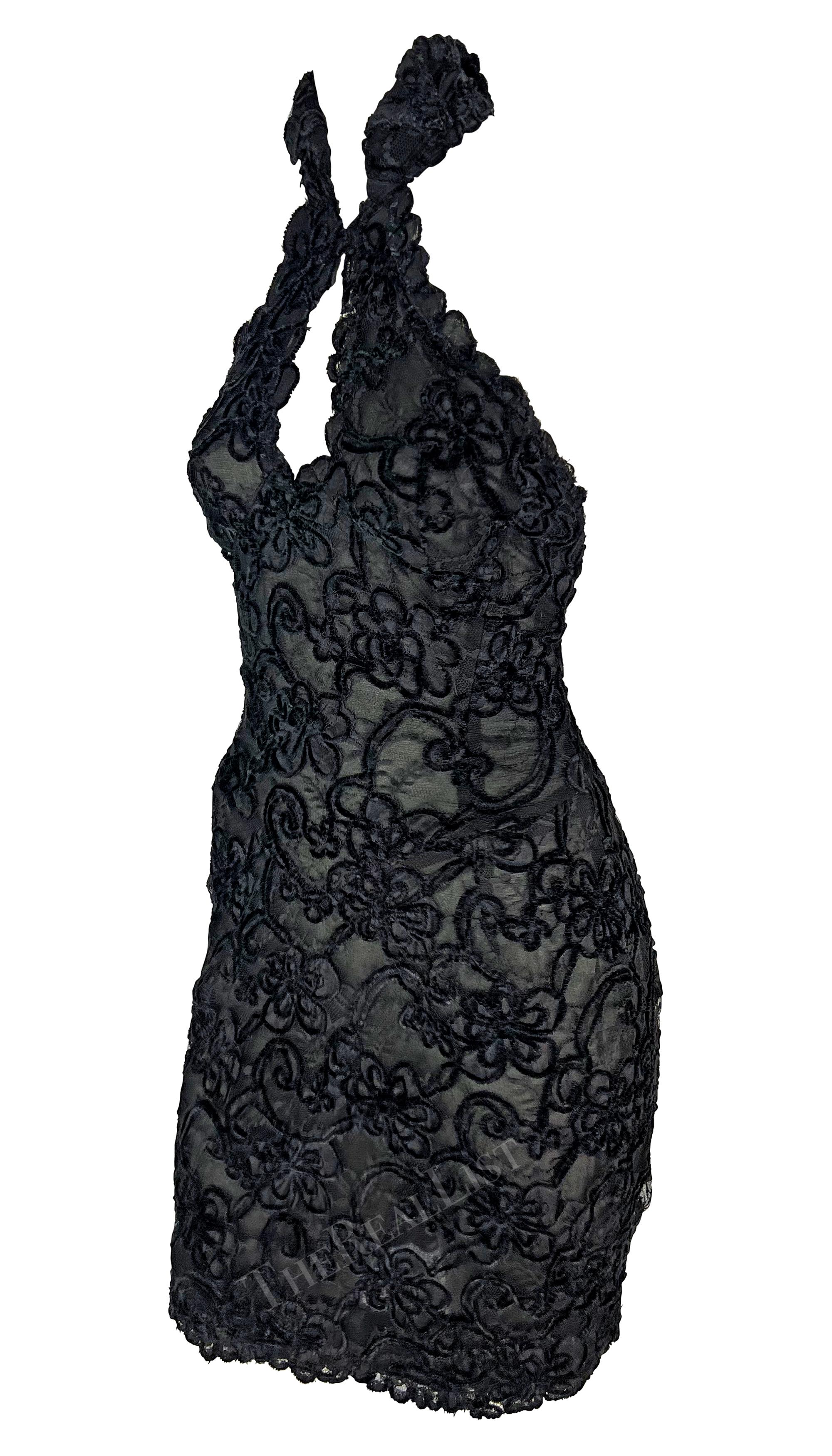 1980s Thierry Mugler Black Lace Semi-Sheer Halterneck Mini Dress In Good Condition For Sale In West Hollywood, CA
