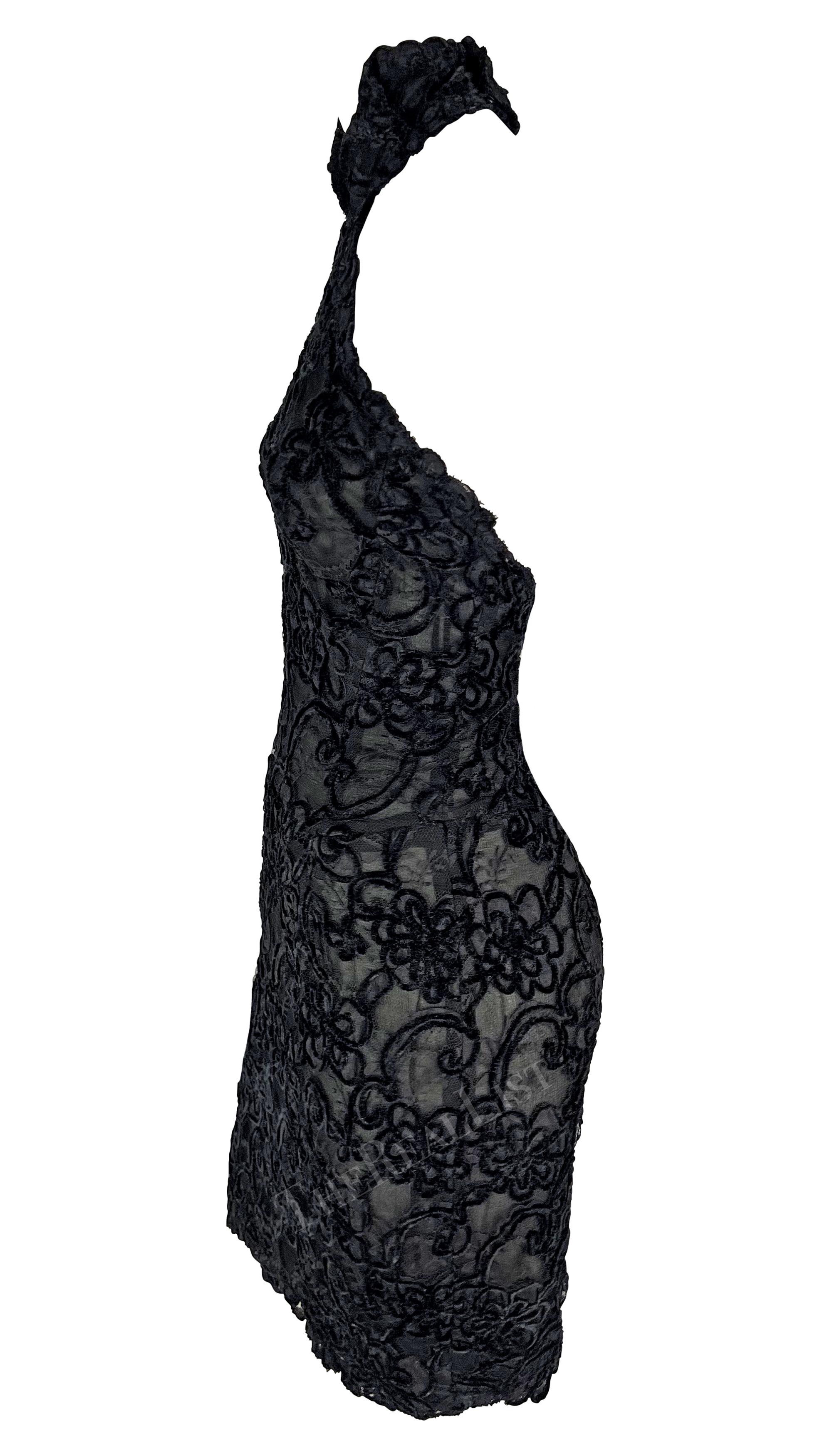 Women's 1980s Thierry Mugler Black Lace Semi-Sheer Halterneck Mini Dress For Sale