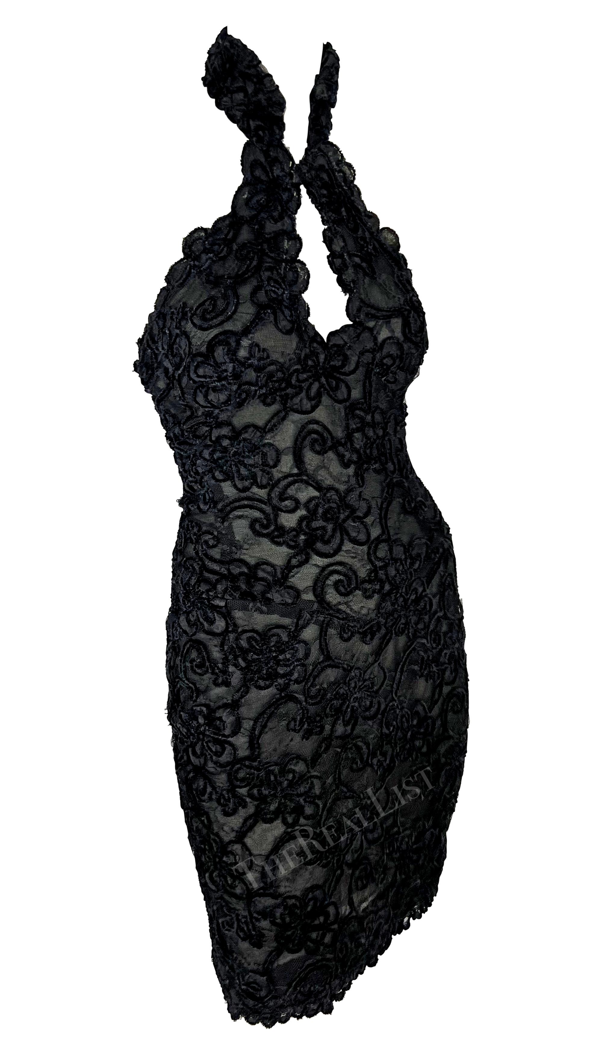 1980s Thierry Mugler Black Lace Semi-Sheer Halterneck Mini Dress For Sale 4
