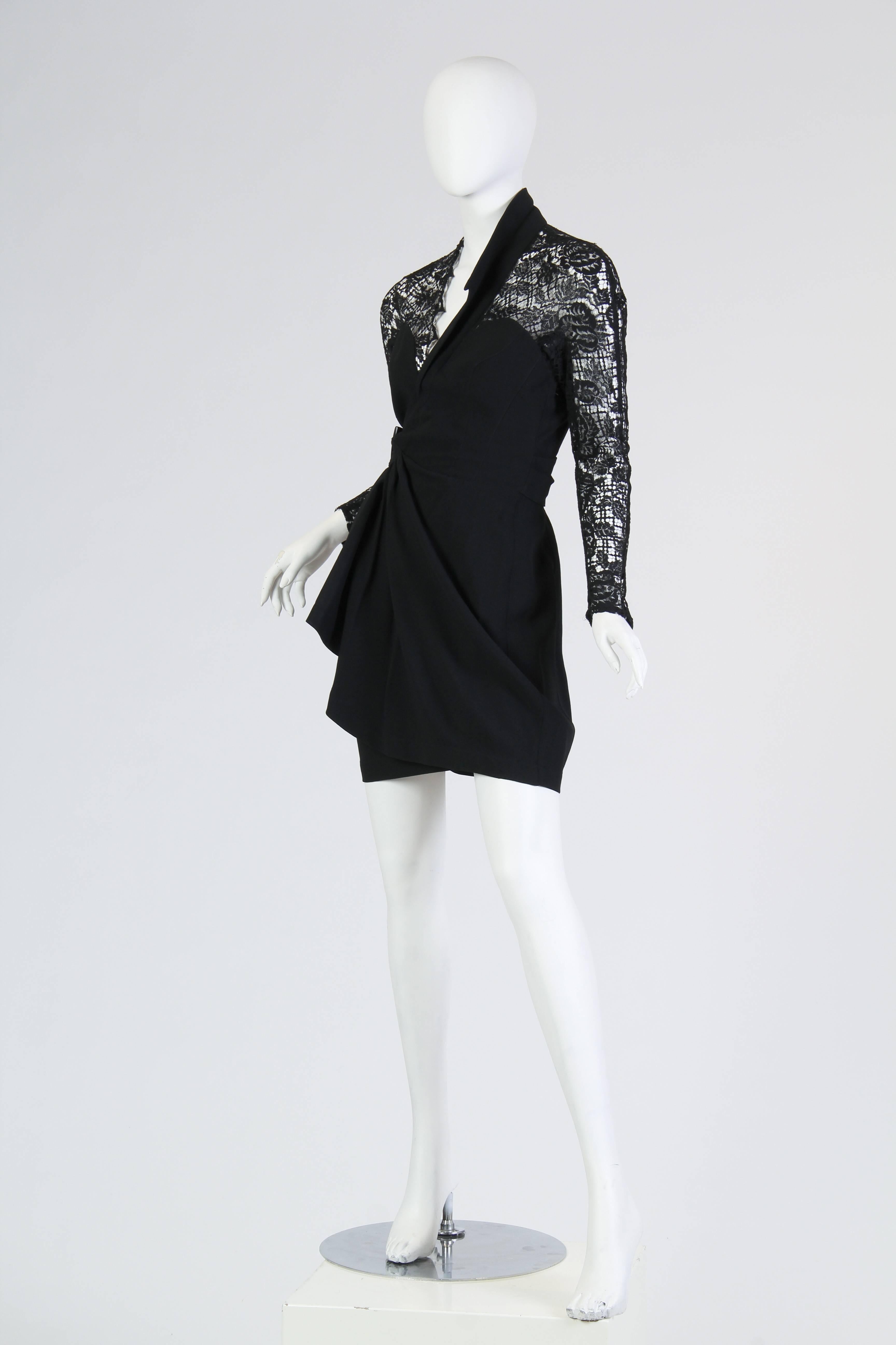 Tagged a European 36 1980S THIERRY MUGLER Black Rayon Blend Crepe Asymmetrically Draped Cocktail Dress With Sheer Lace Back & Sleeves