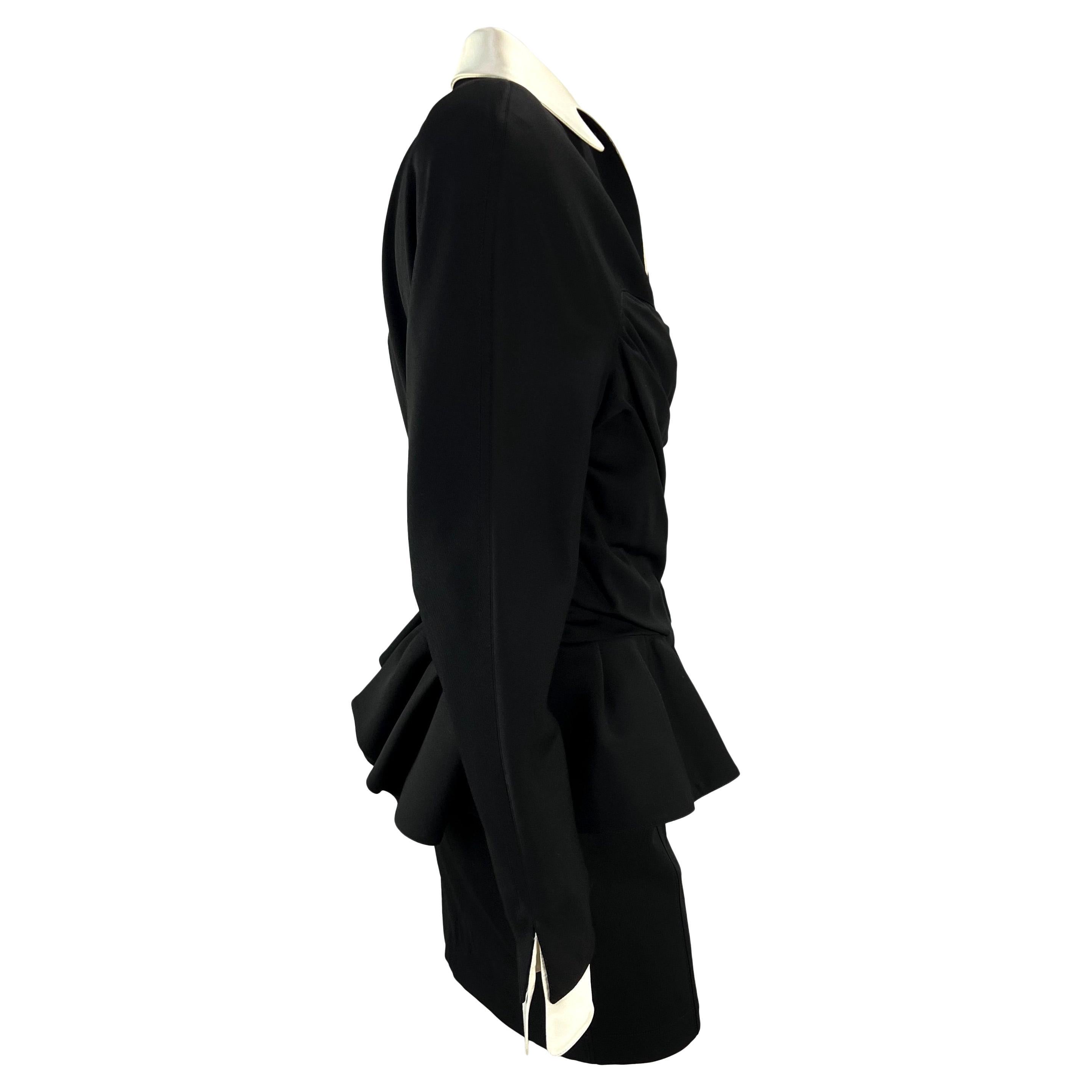 F/W 1992 Thierry Mugler Black Sculptural Wrap Peplum White Satin Trim Skirt Suit For Sale 2