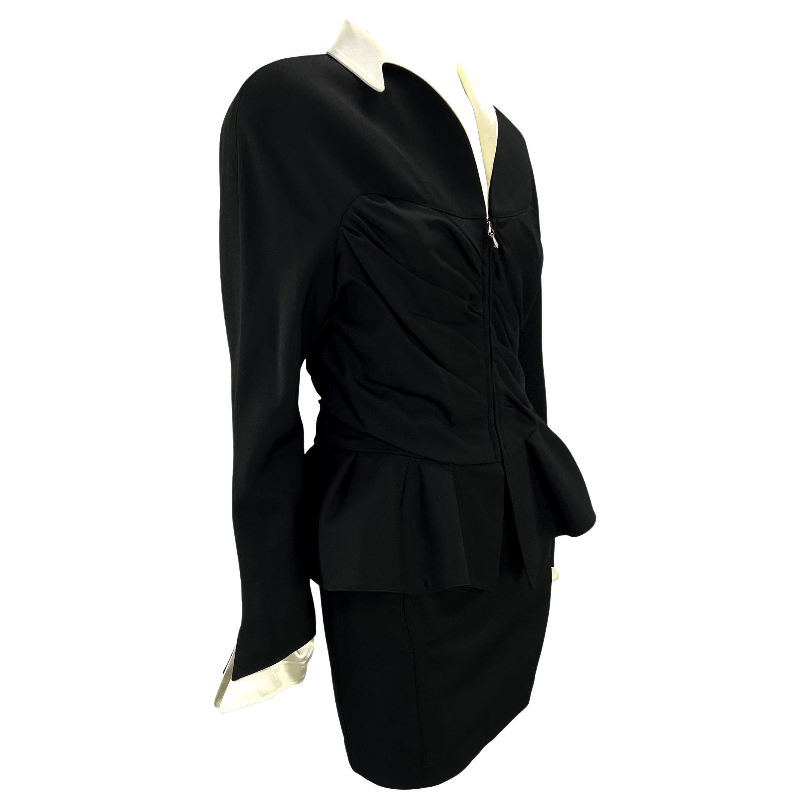 F/W 1992 Thierry Mugler Black Sculptural Wrap Peplum White Satin Trim Skirt Suit For Sale 3