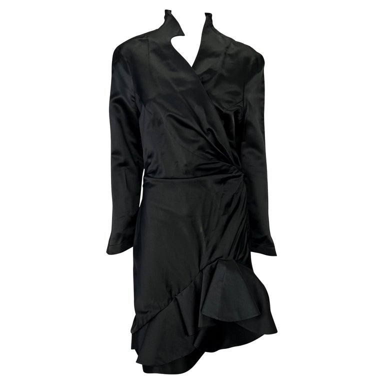 1980s Thierry Mugler Black Silk Satin Collared Long Sleeve Dress For Sale  at 1stDibs