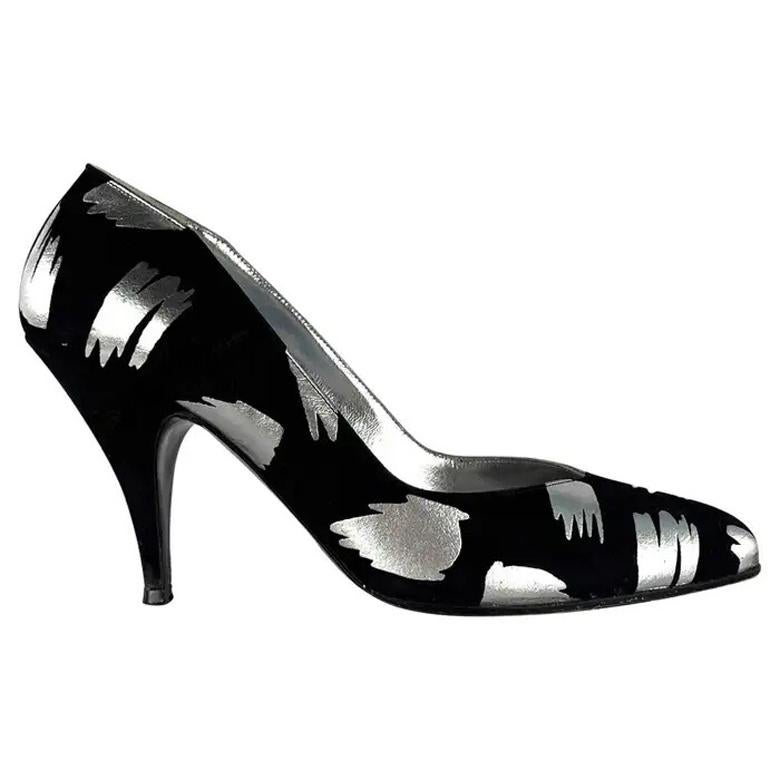 Thierry Mugler anni '80 in camoscio nero astratto argento metallizzato Pumps misura 5.5B