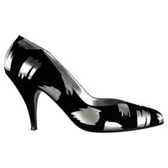 1980s Thierry Mugler Black Suede Abstract Silver Metallic Pumps Size 5.5B
