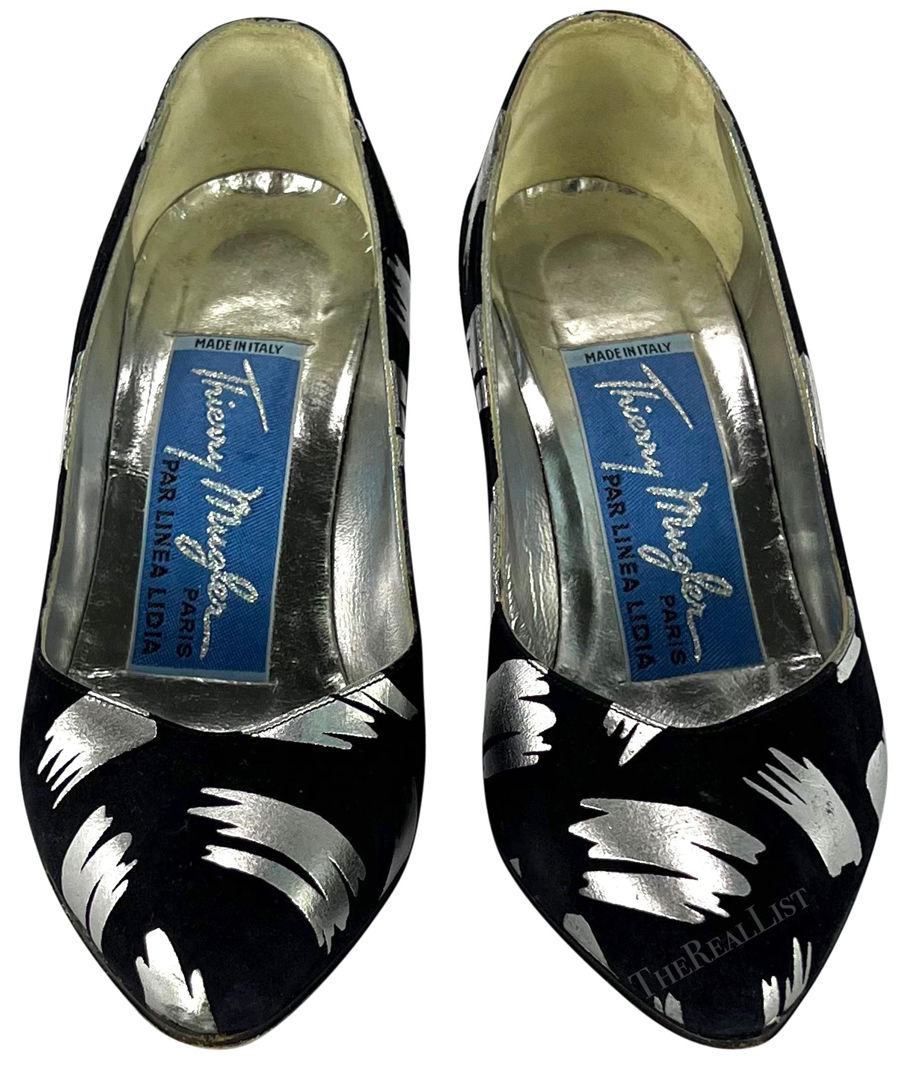 Women's 1980s Thierry Mugler Black Suede Abstract Silver Metallic Pumps Size 5.5B  For Sale