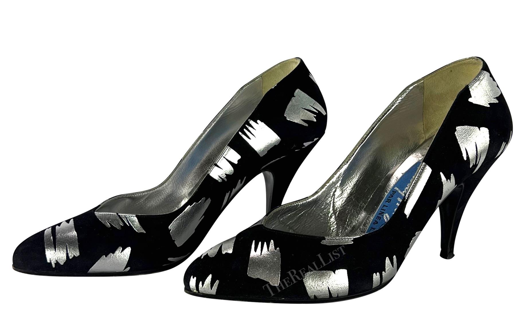 1980s Thierry Mugler Black Suede Abstract Silver Metallic Pumps Size 5.5B  For Sale 2