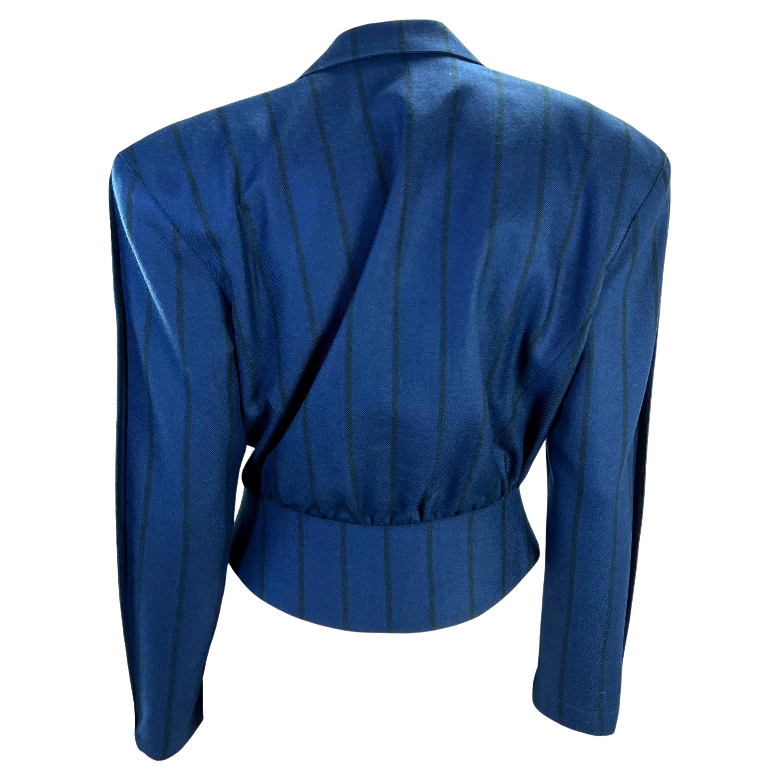 1980s Thierry Mugler Blue Cropped Sculptural Belted Pinstripe Wool Blazer In Excellent Condition For Sale In West Hollywood, CA