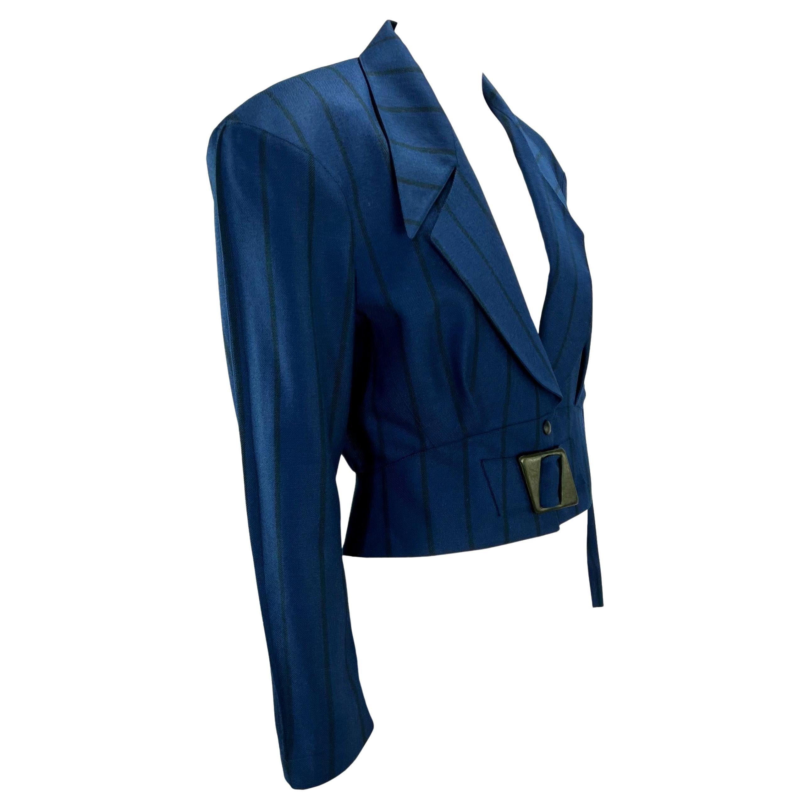 1980s Thierry Mugler Blue Cropped Sculptural Belted Pinstripe Wool Blazer For Sale 1
