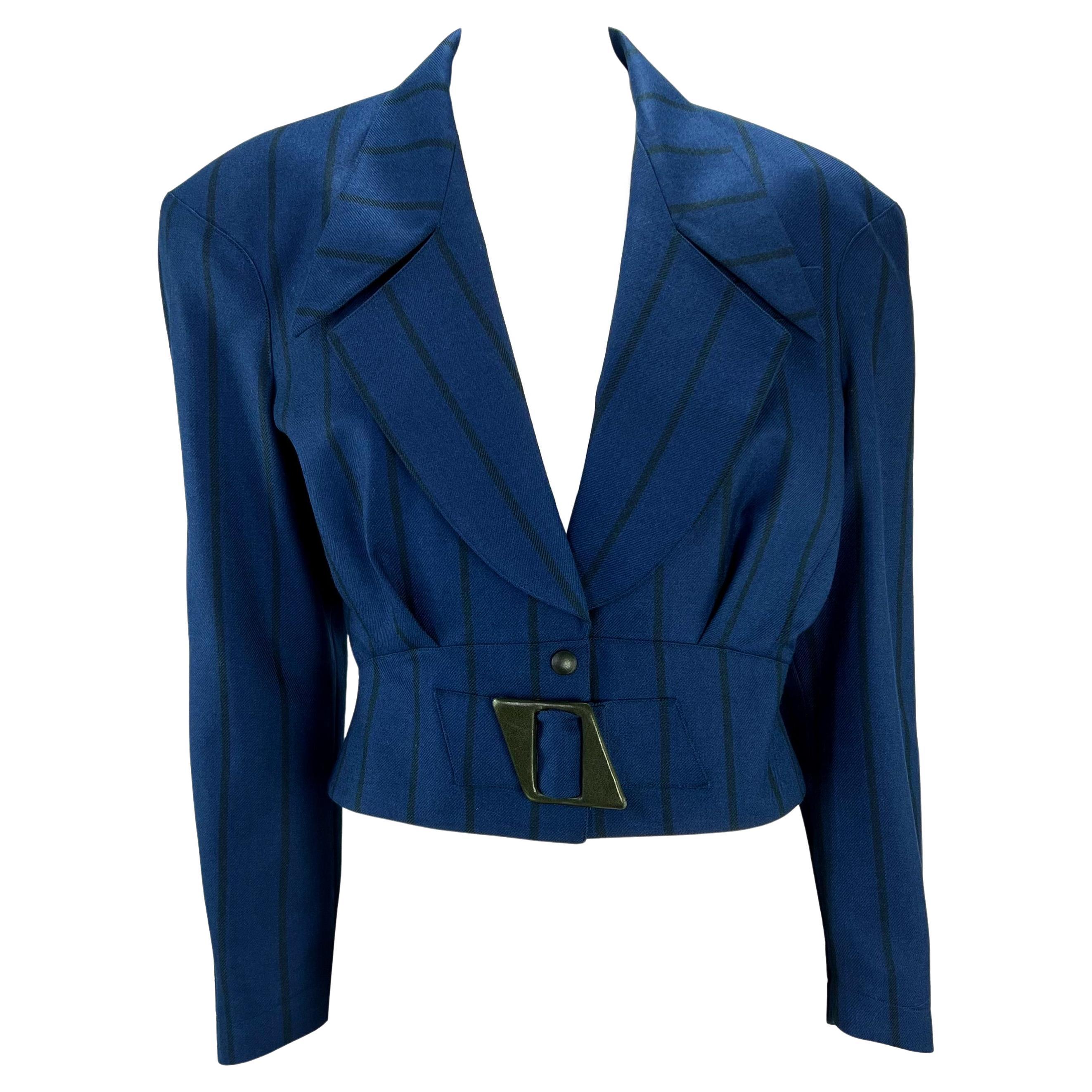1980s Thierry Mugler Blue Cropped Sculptural Belted Pinstripe Wool Blazer For Sale