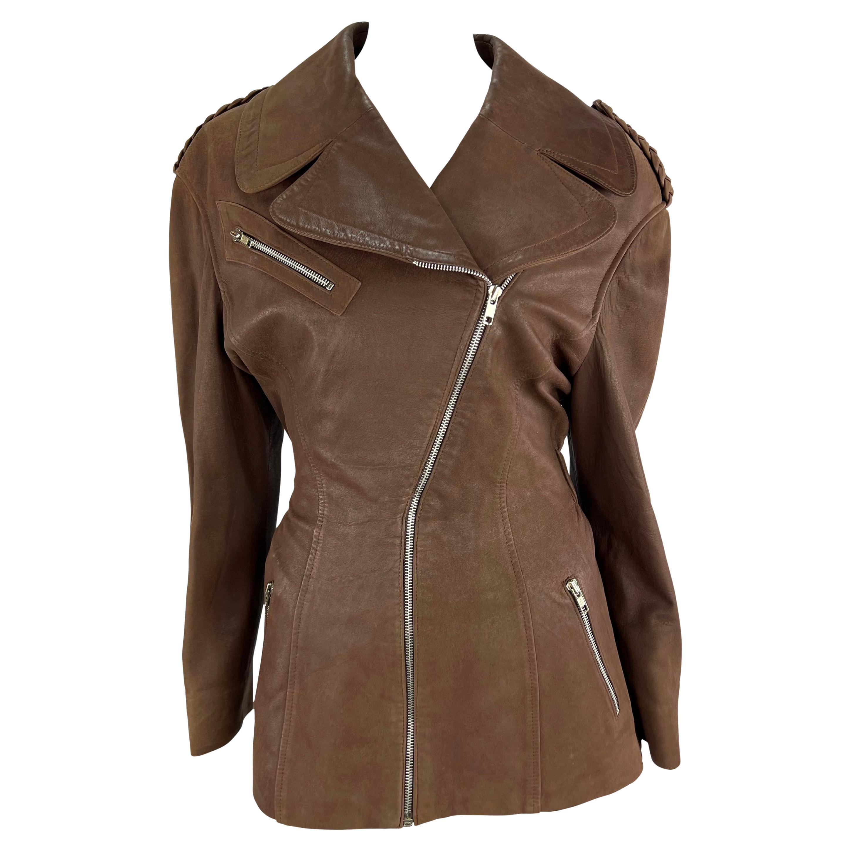 1980s Thierry Mugler Brown Suede Leather Moto Zip Biker Jacket For Sale