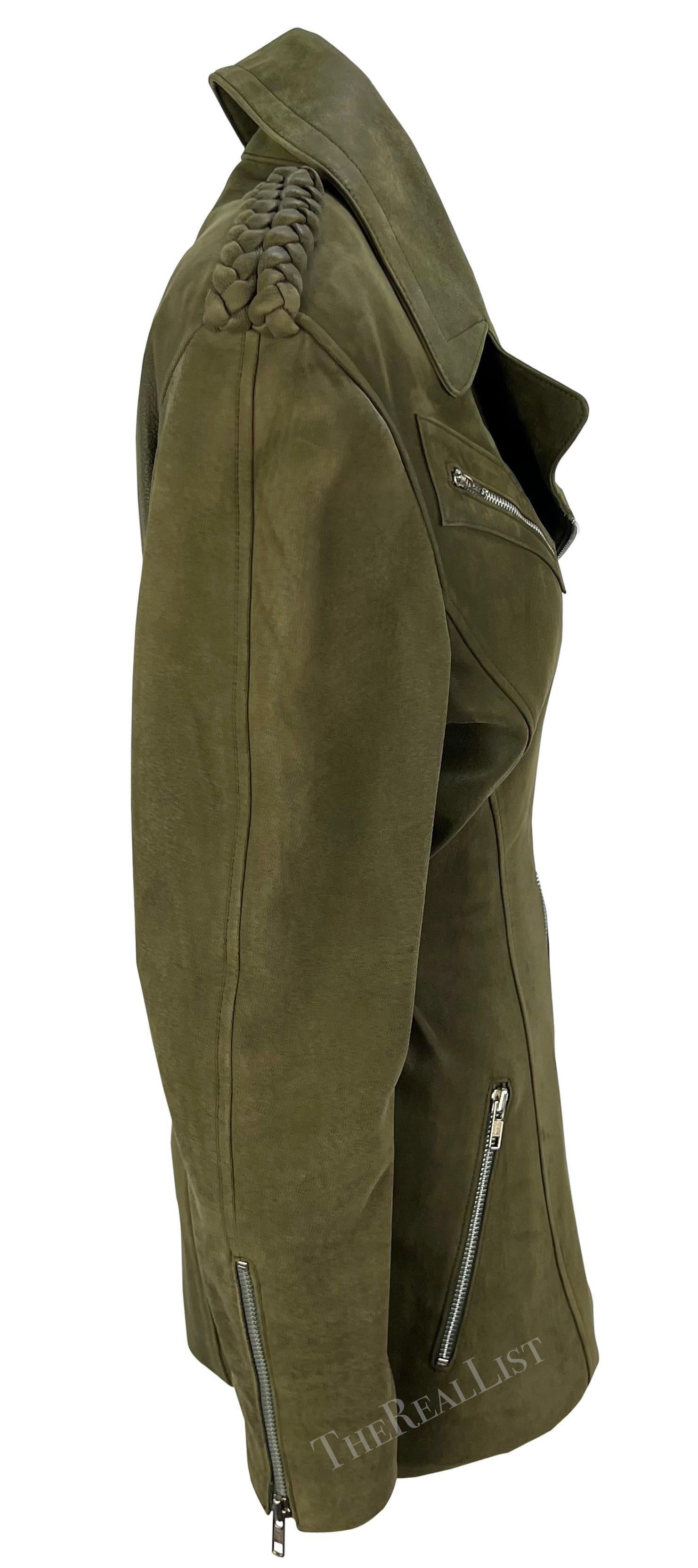 1980er Thierry Mugler Dunkelgrüne Moto Wildlederjacke in Dunkelgrün Damen im Angebot