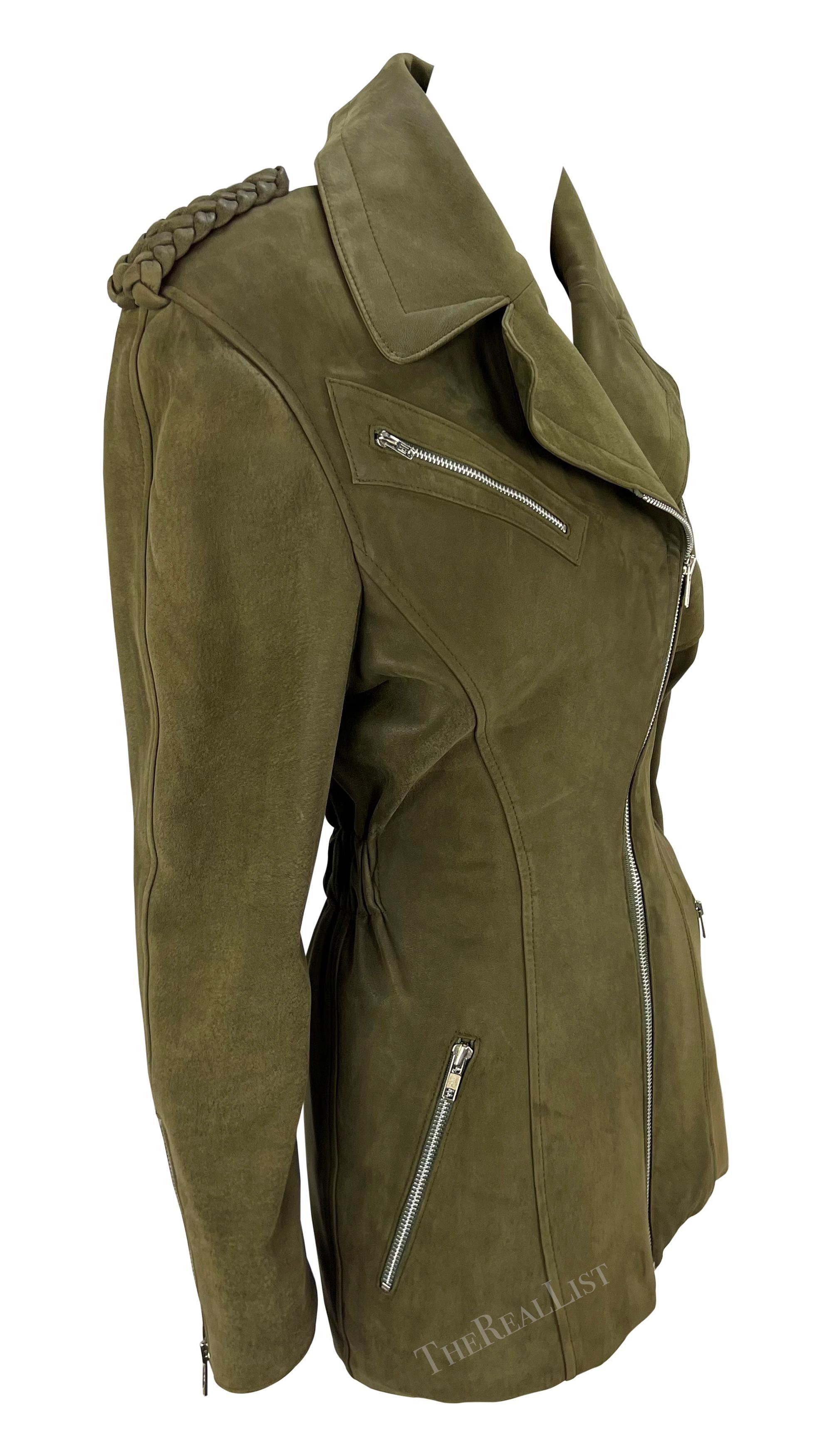 1980er Thierry Mugler Dunkelgrüne Moto Wildlederjacke in Dunkelgrün im Angebot 1