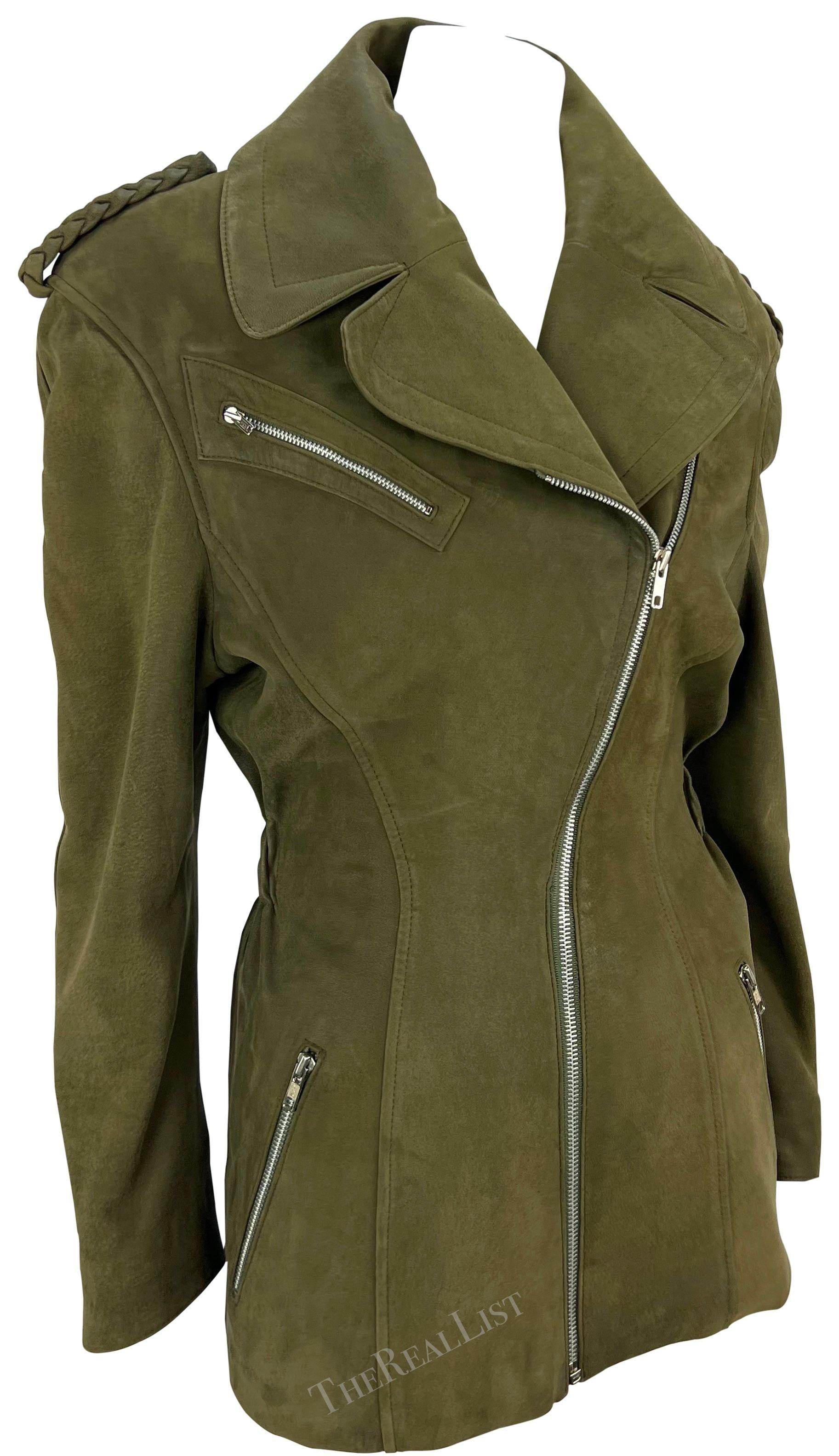 1980er Thierry Mugler Dunkelgrüne Moto Wildlederjacke in Dunkelgrün im Angebot 2