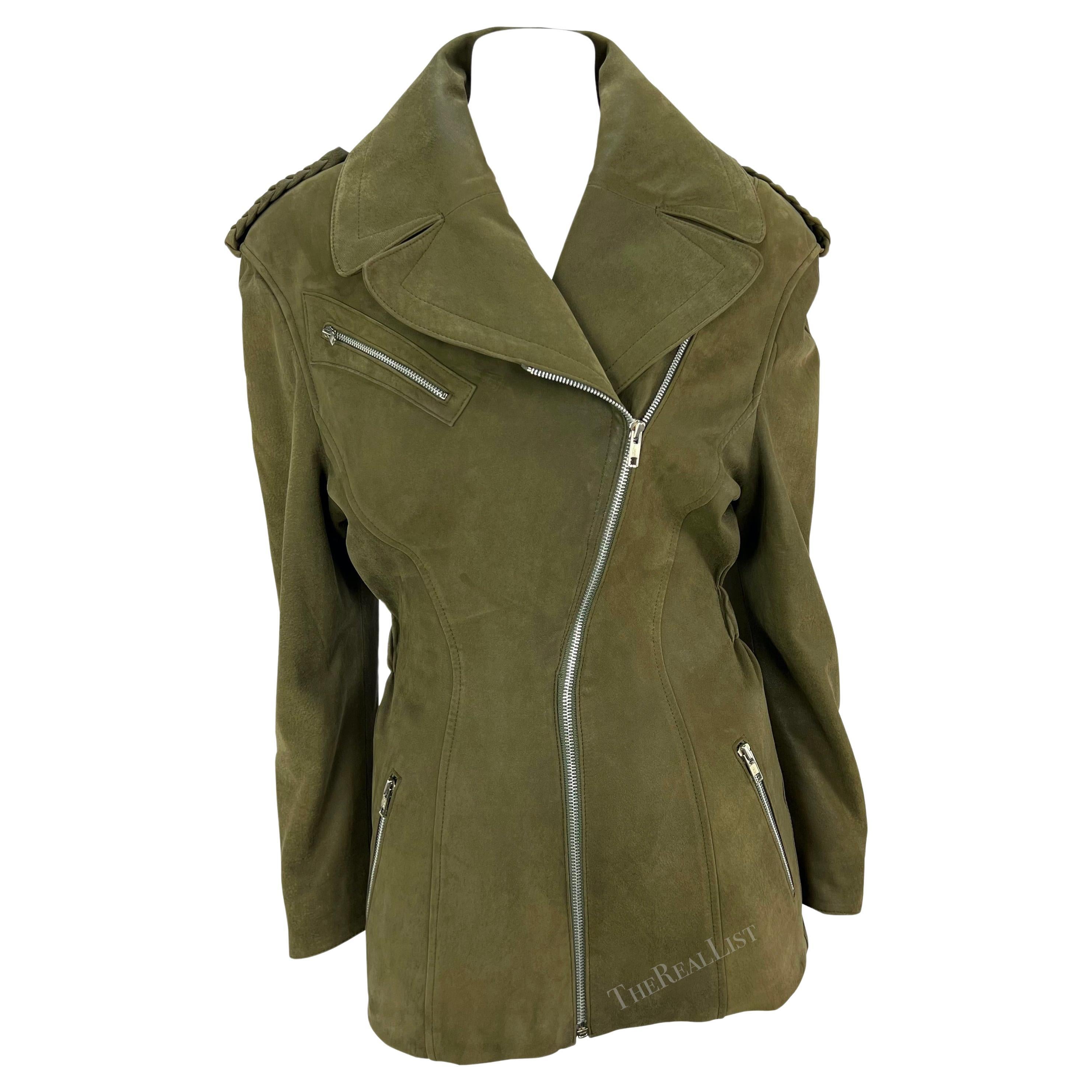 1980s Thierry Mugler Dark Green Moto Suede Jacket  For Sale