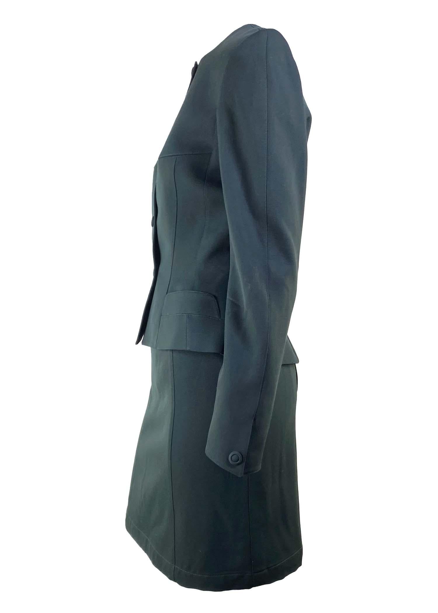 Noir Tailleur jupe vintage Thierry Mugler vert foncé structuré en laine froncée des années 1980 en vente