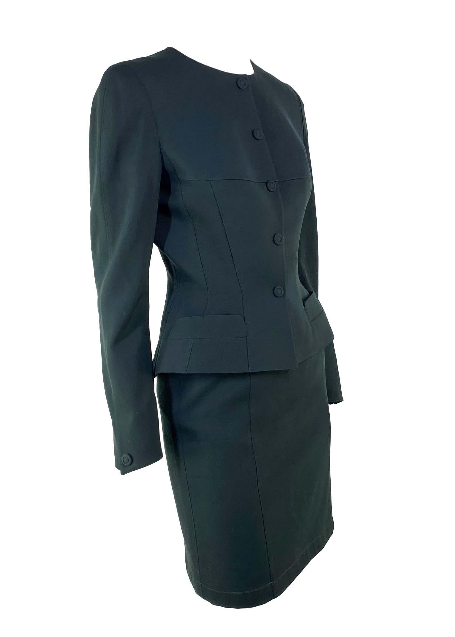 Tailleur jupe vintage Thierry Mugler vert foncé structuré en laine froncée des années 1980 Pour femmes en vente