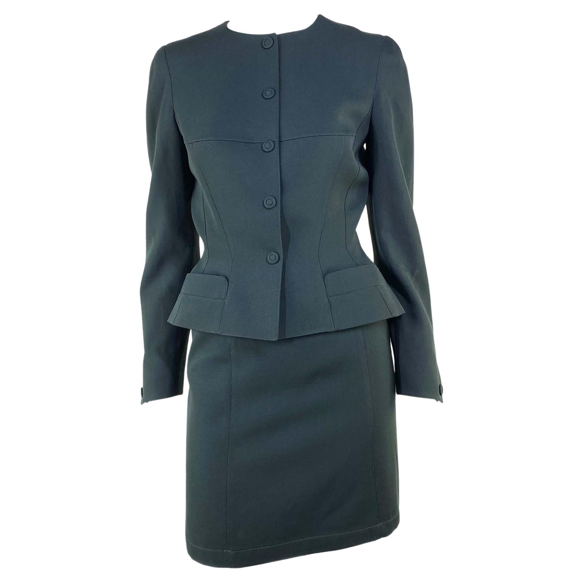 1980s Thierry Mugler Dark Green Structured Worsted Wool Vintage Skirt Suit For Sale