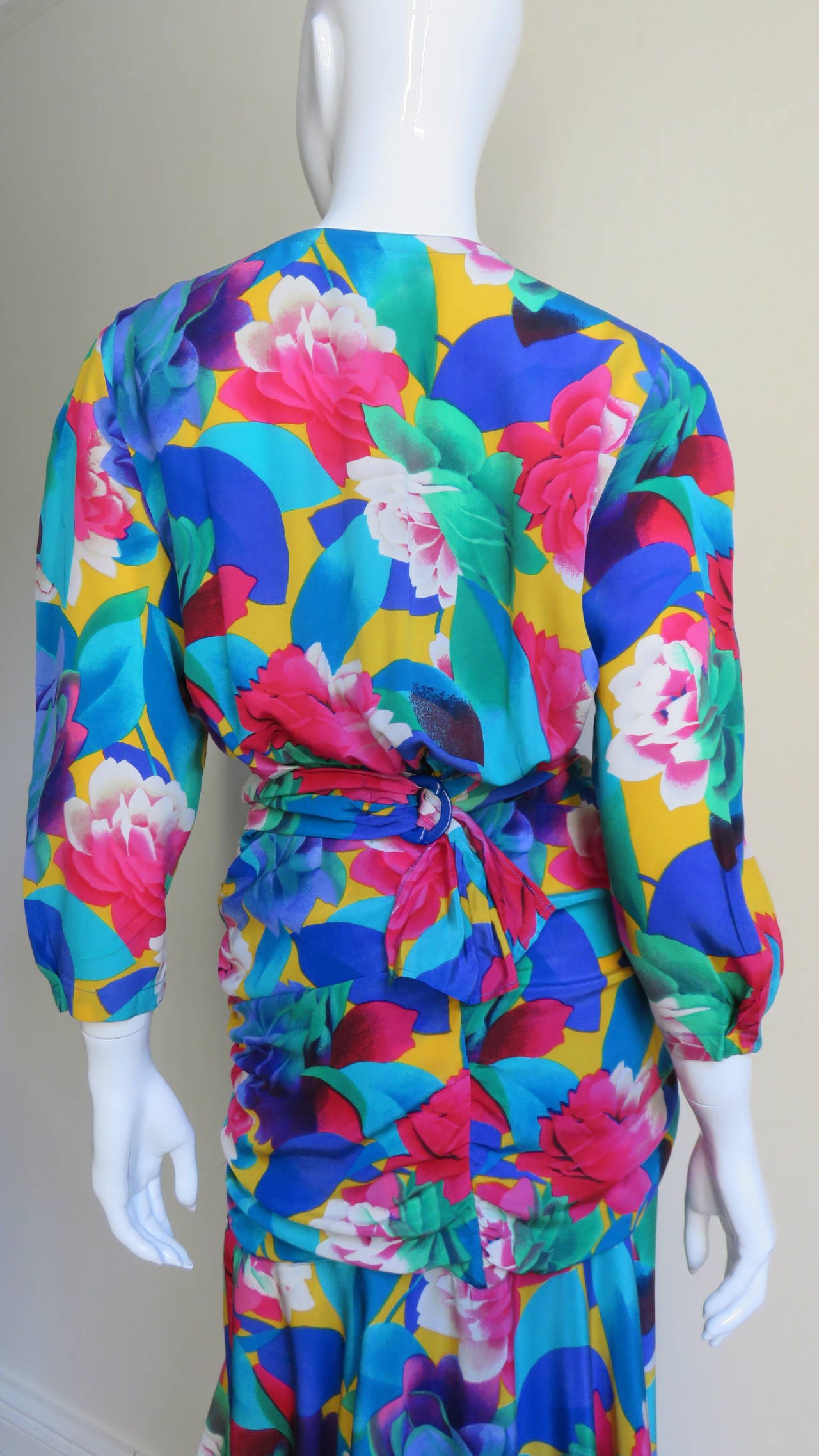 Women's Thierry Mugler Flower Silk Ruched Dress 1980s For Sale