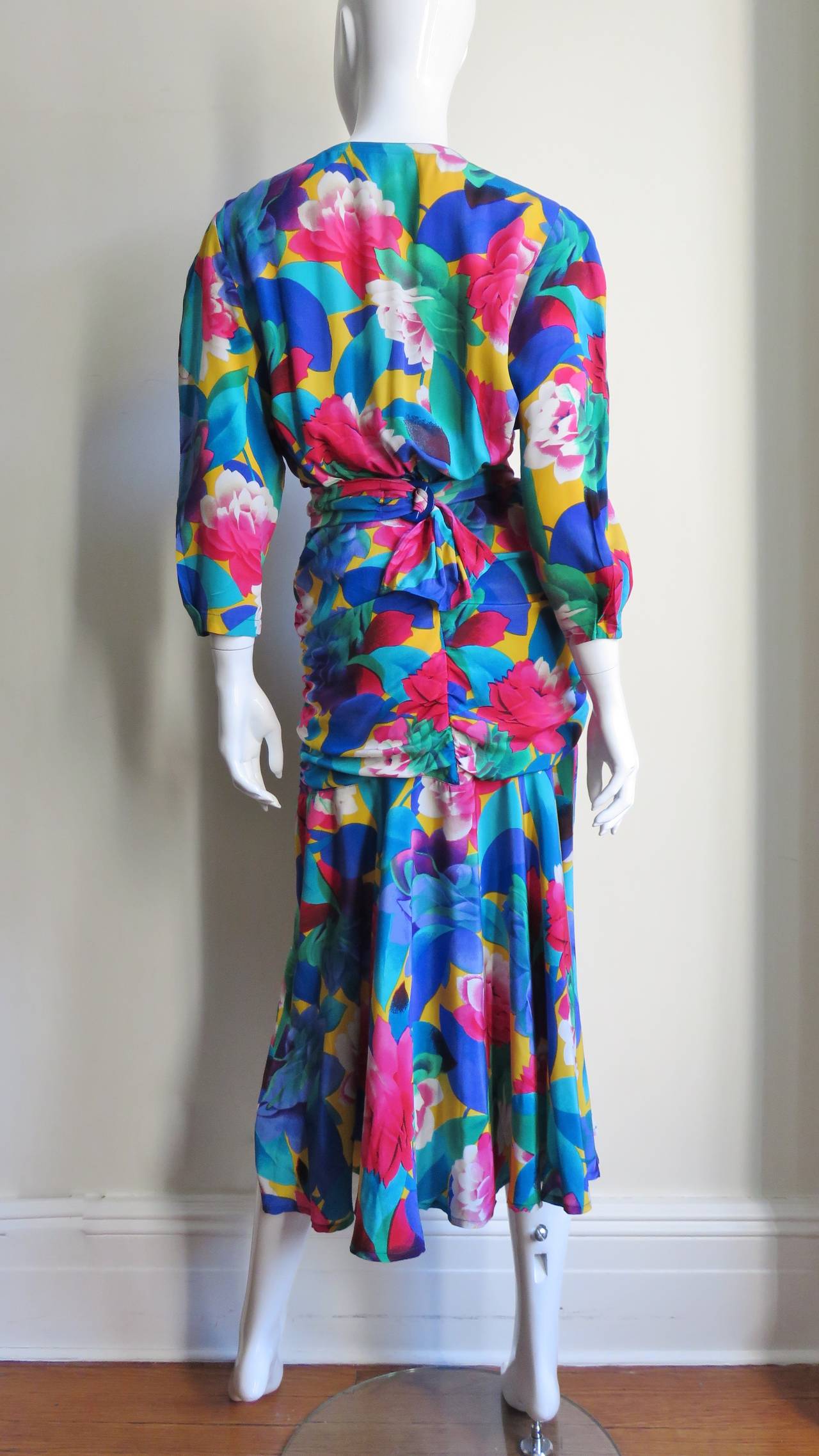 Thierry Mugler Flower Silk Ruched Dress 1980s For Sale 2