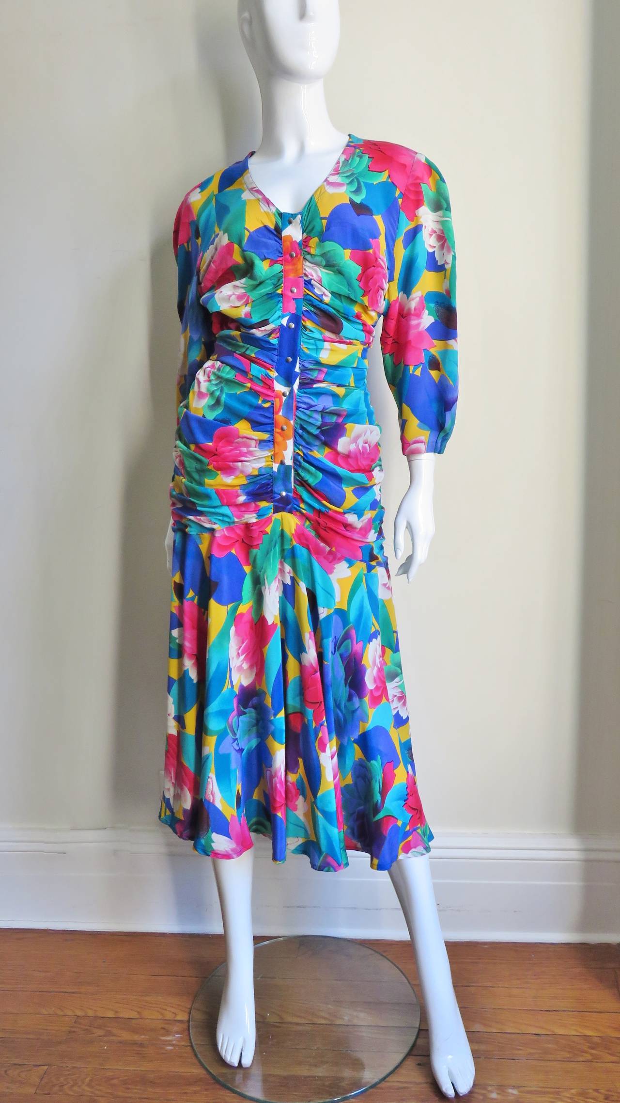 Blue Thierry Mugler Flower Silk Ruched Dress 1980s For Sale