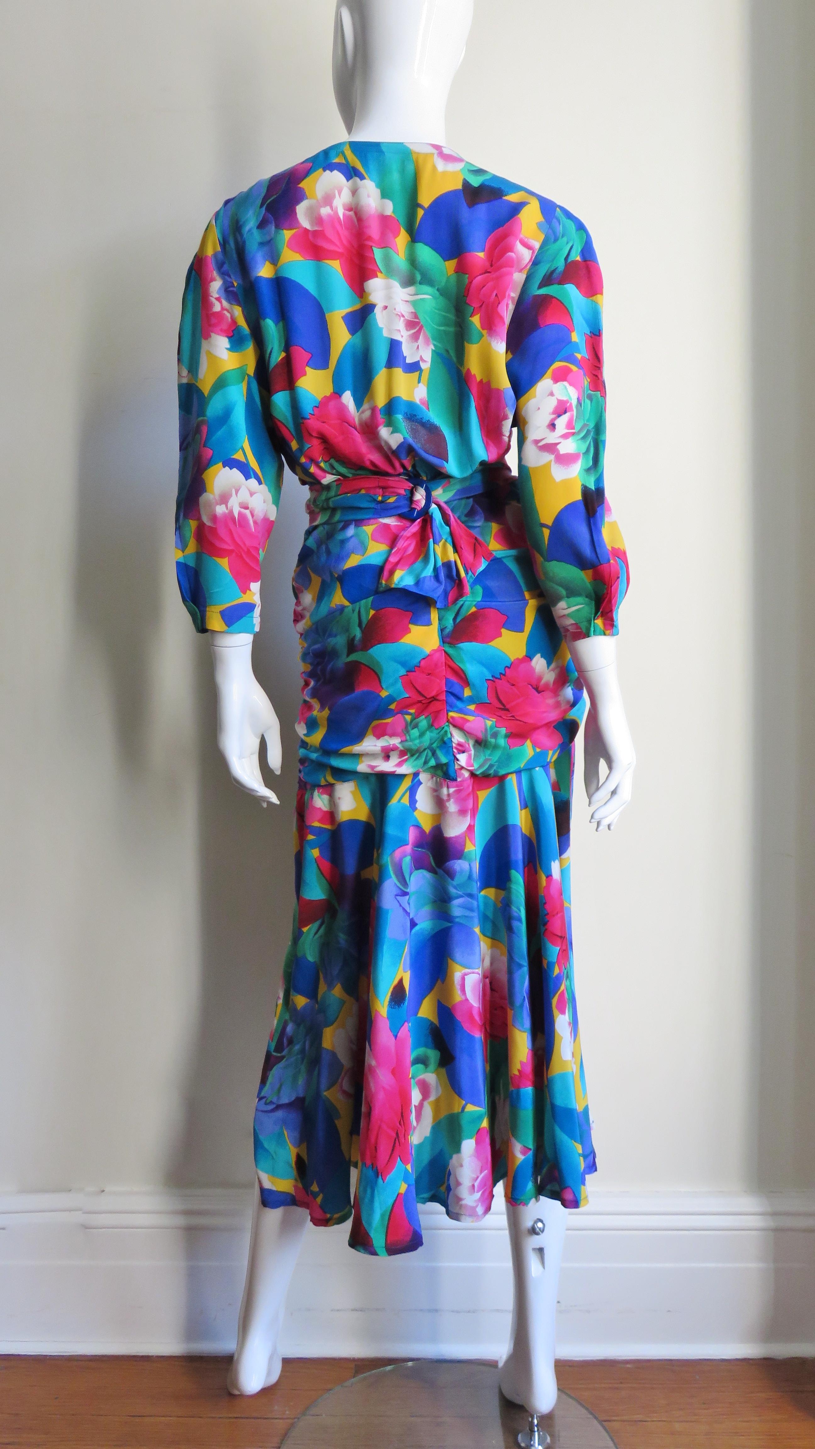 Thierry Mugler Flower Silk Ruched Dress 1980s In Excellent Condition For Sale In Water Mill, NY