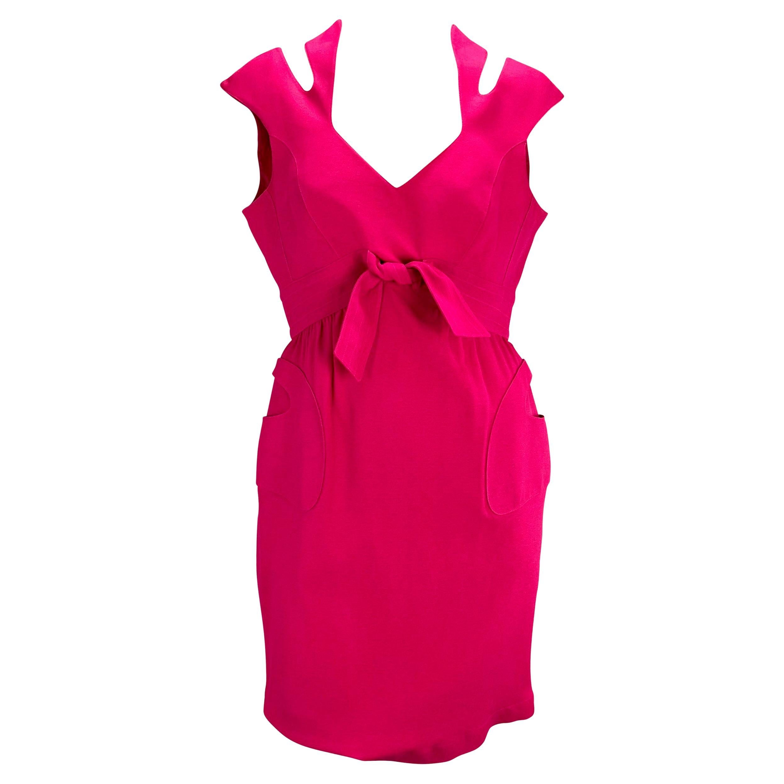 1980s Thierry Mugler Hot Pink Sleeveless Cut-Out Tie Sleeveless Dress For Sale