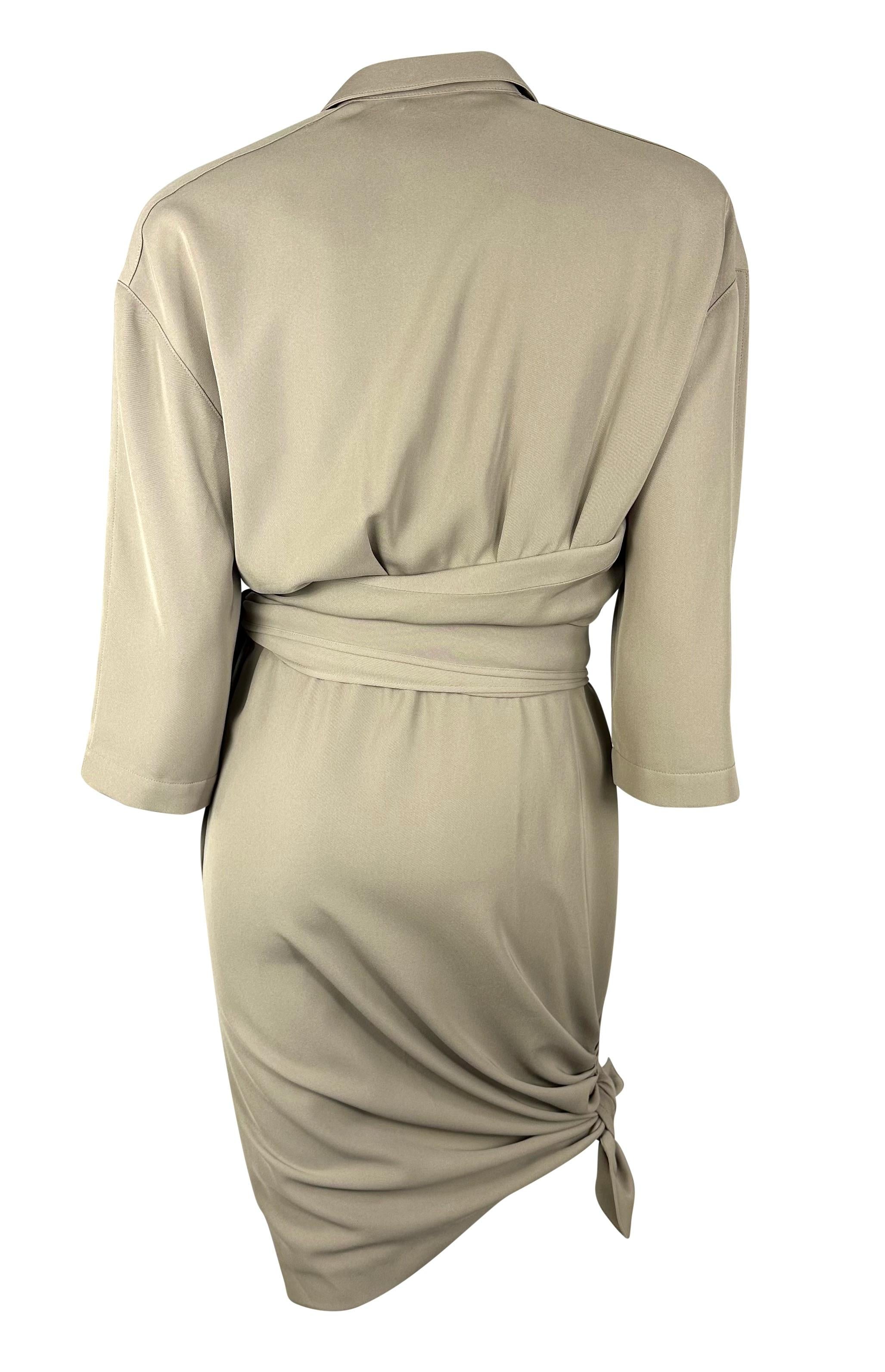 1980s Thierry Mugler Khaki Faux-Wrap Tie Accent Dress In Excellent Condition For Sale In West Hollywood, CA