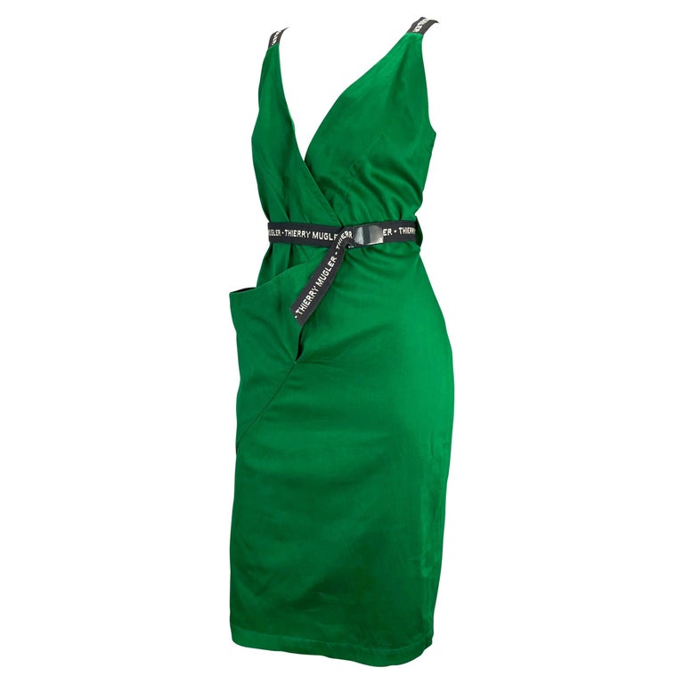 1980s Thierry Mugler Logo Belted Green Cotton Wrap Dress For Sale at ...