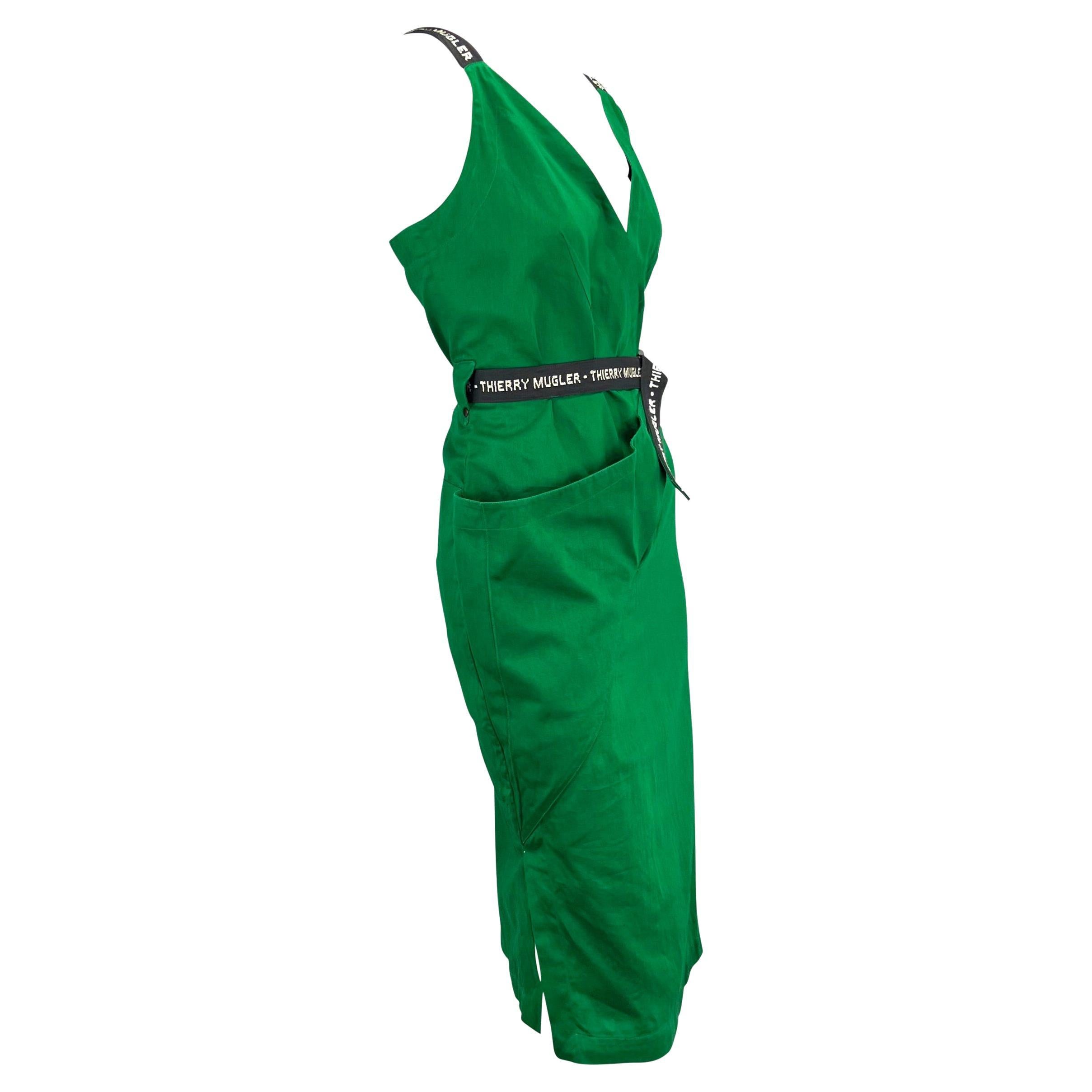 Women's 1980s Thierry Mugler Logo Belted Green Cotton Wrap Dress For Sale