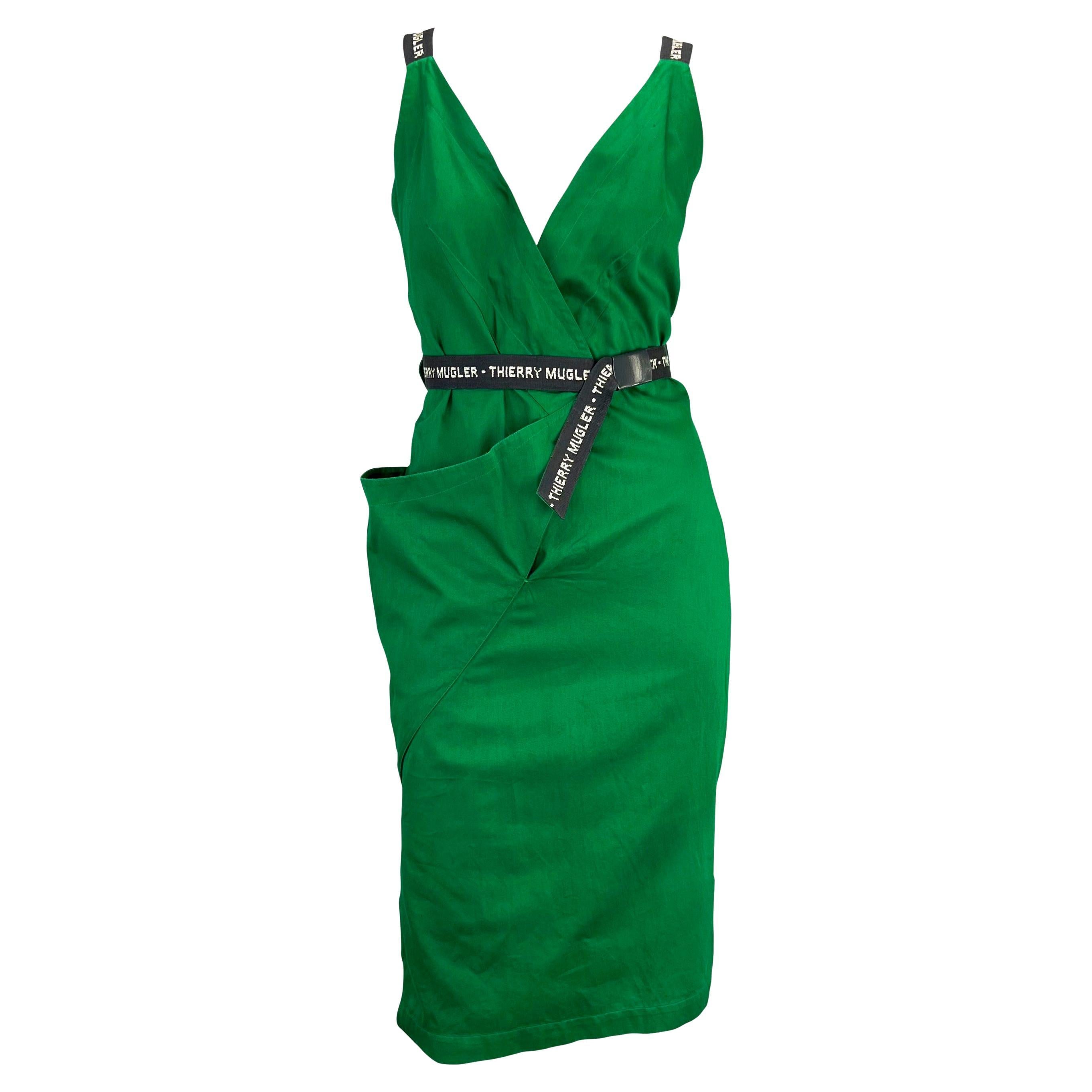 1980s Thierry Mugler Logo Belted Green Cotton Wrap Dress