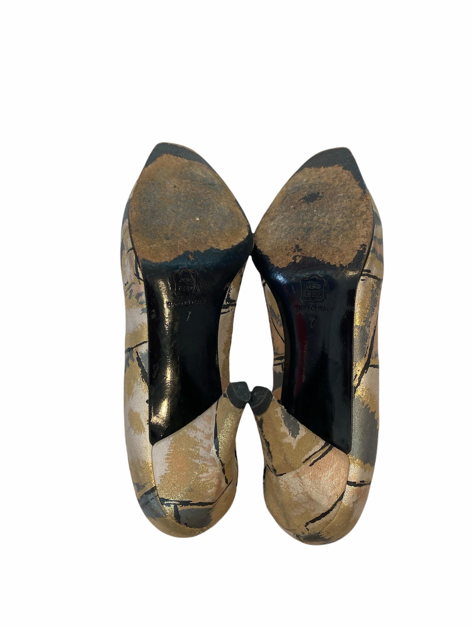 Marron THIERRY MUGLER Chaussures à talons en cuir imprimé métallisé, années 1980 en vente
