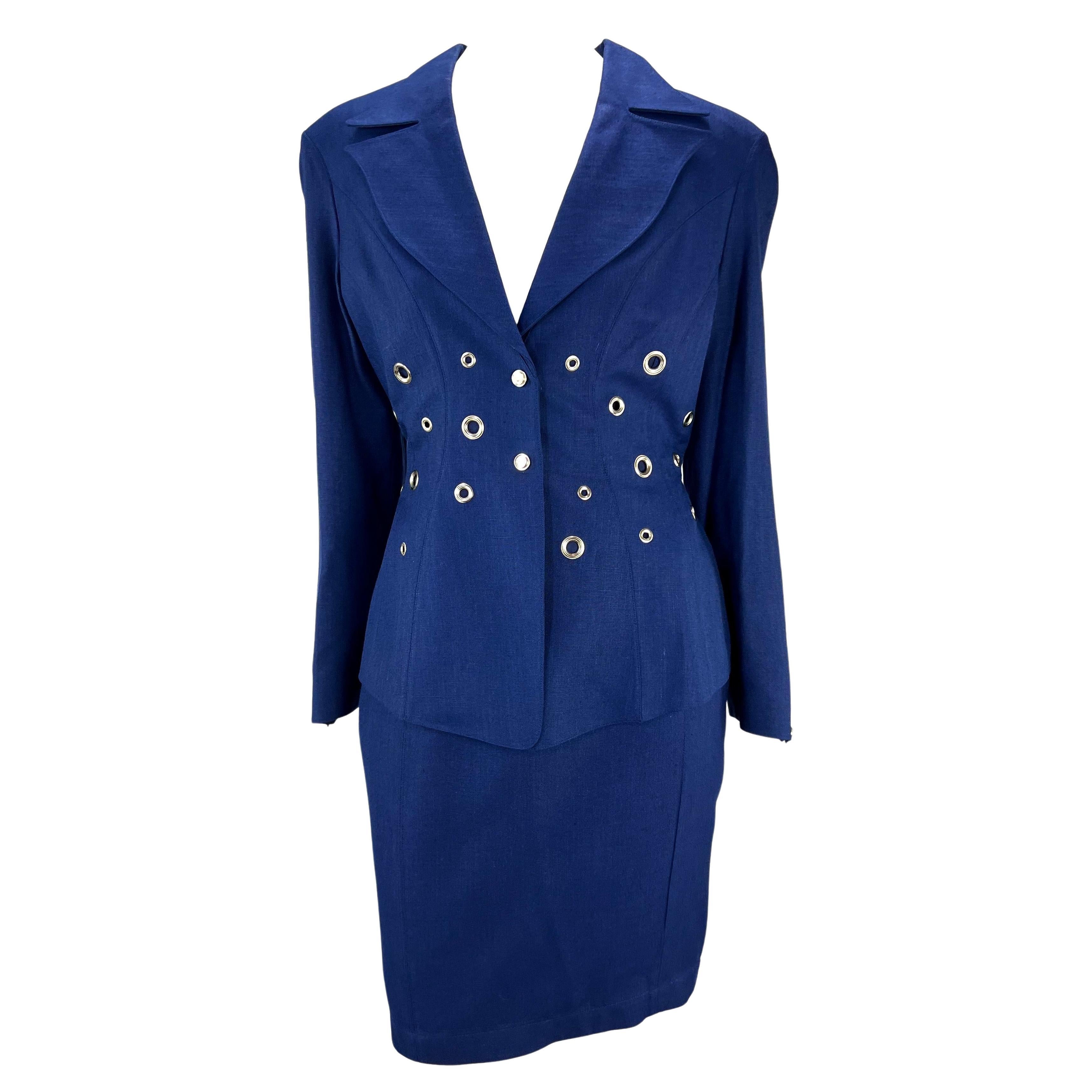 Cruise 1993 Thierry Mugler Navy Blue Eyelet Cutout Skirt Suit For Sale