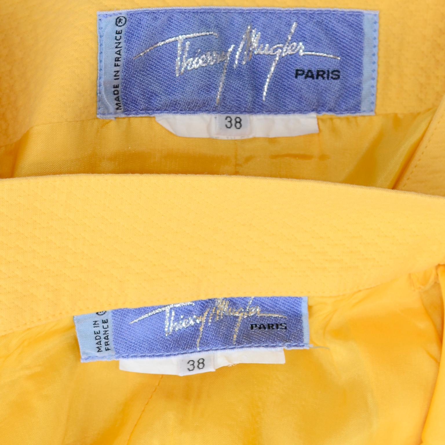 1980s Thierry Mugler Paris Vintage Yellow Skirt & Peplum Blazer Suit W/ Cutwork For Sale 2