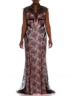 1980S THIERRY MUGLER Pink Silk Charmeuse & Black Chantilly Lace Trained Gown Wi