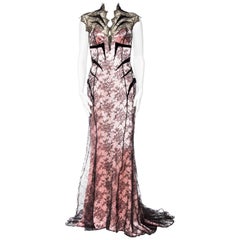 1980S THIERRY MUGLER Pink Silk Charmeuse & Black Chantilly Lace Trained Gown Wi