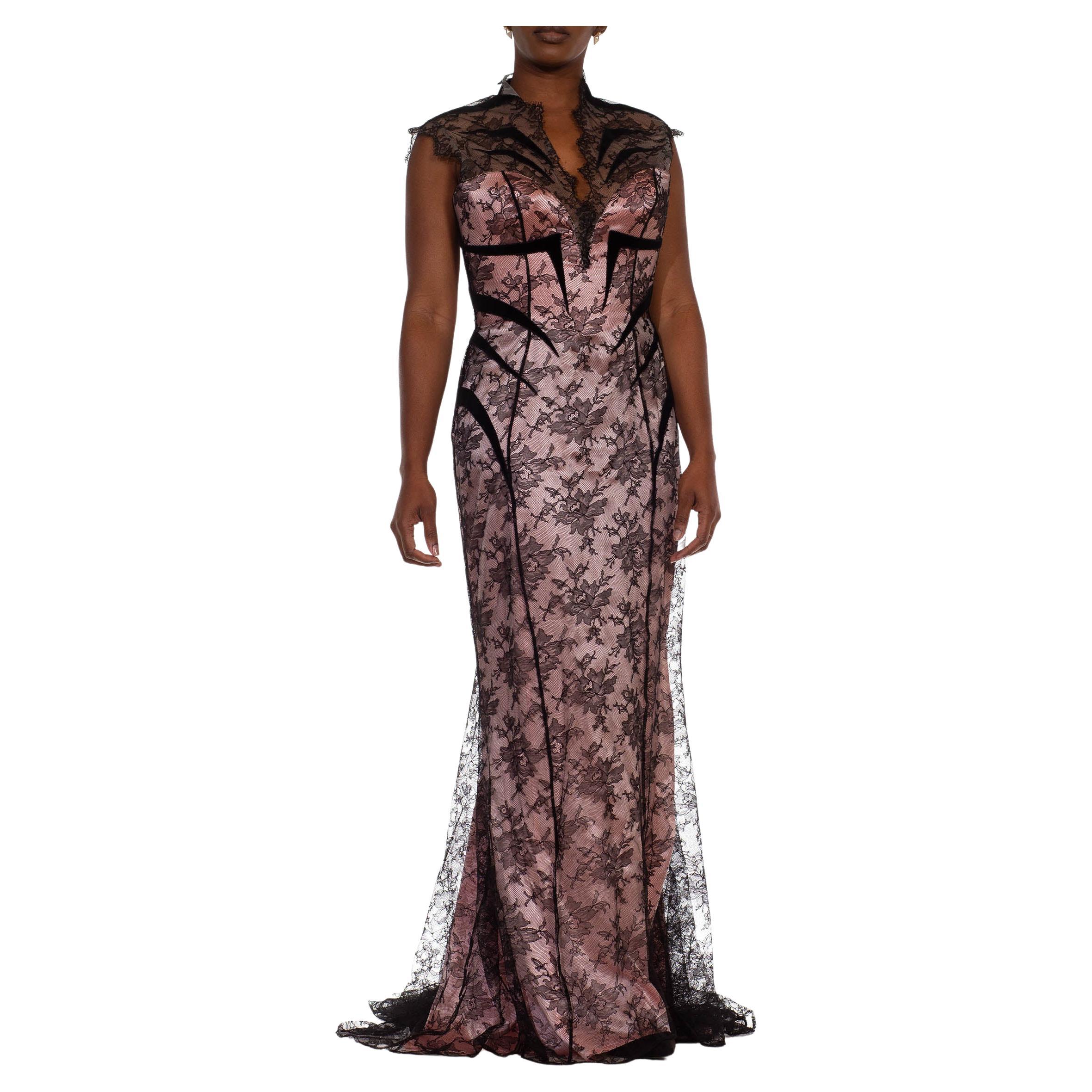 1980S THIERRY MUGLER Pink Silk Charmeuse & Black Chantilly Lace Trained Gown Wit For Sale