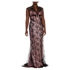 1980S THIERRY MUGLER Pink Silk Charmeuse & Black Chantilly Lace Trained Gown Wit