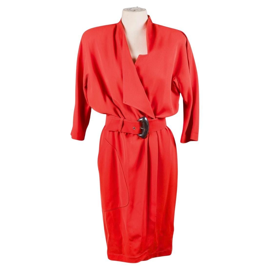 1980s Thierry Mugler Red Sculptural Wrap Dress with Original Belt - Made in Fran